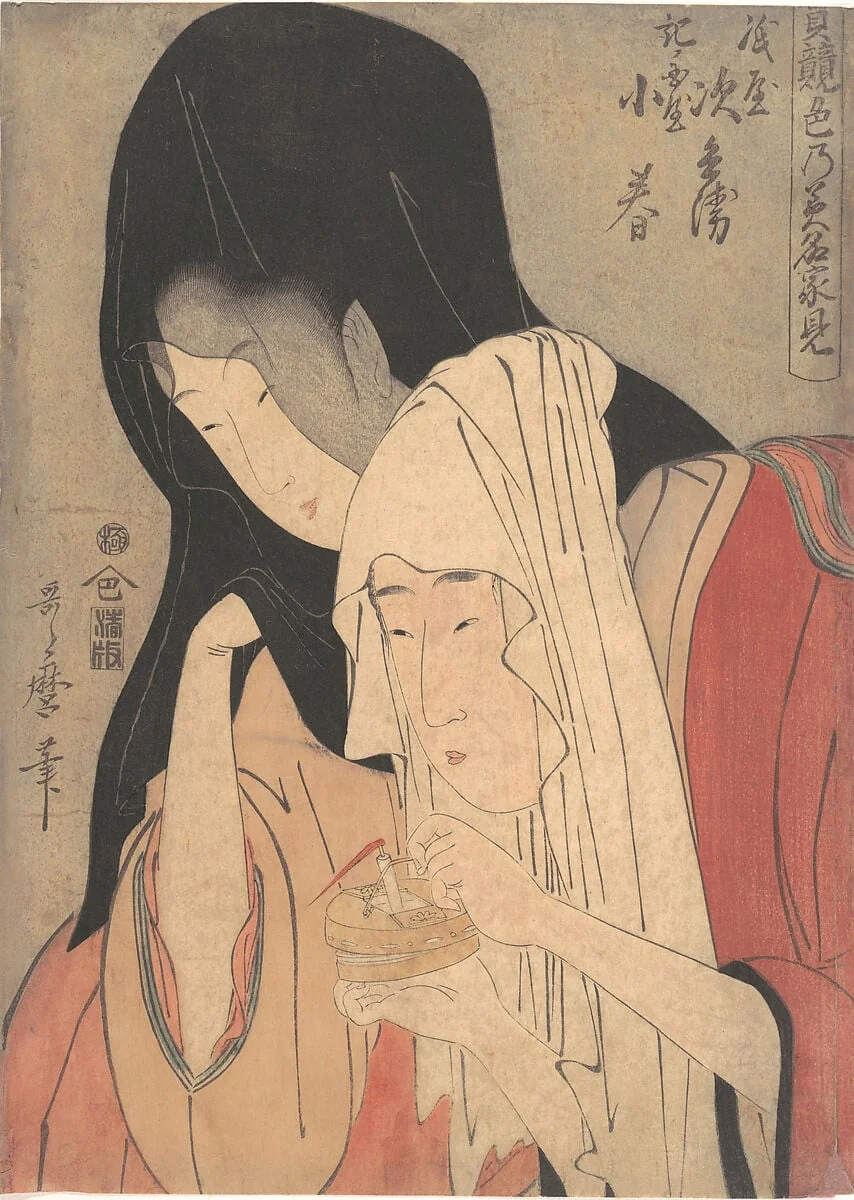 実競色乃美名家見　紙屋次兵衛　紀ノ国屋小春|Jihei of Kamiya Eloping with Koharu of Kinokuniya, by Kitagawa Utamaro, ink, 1804