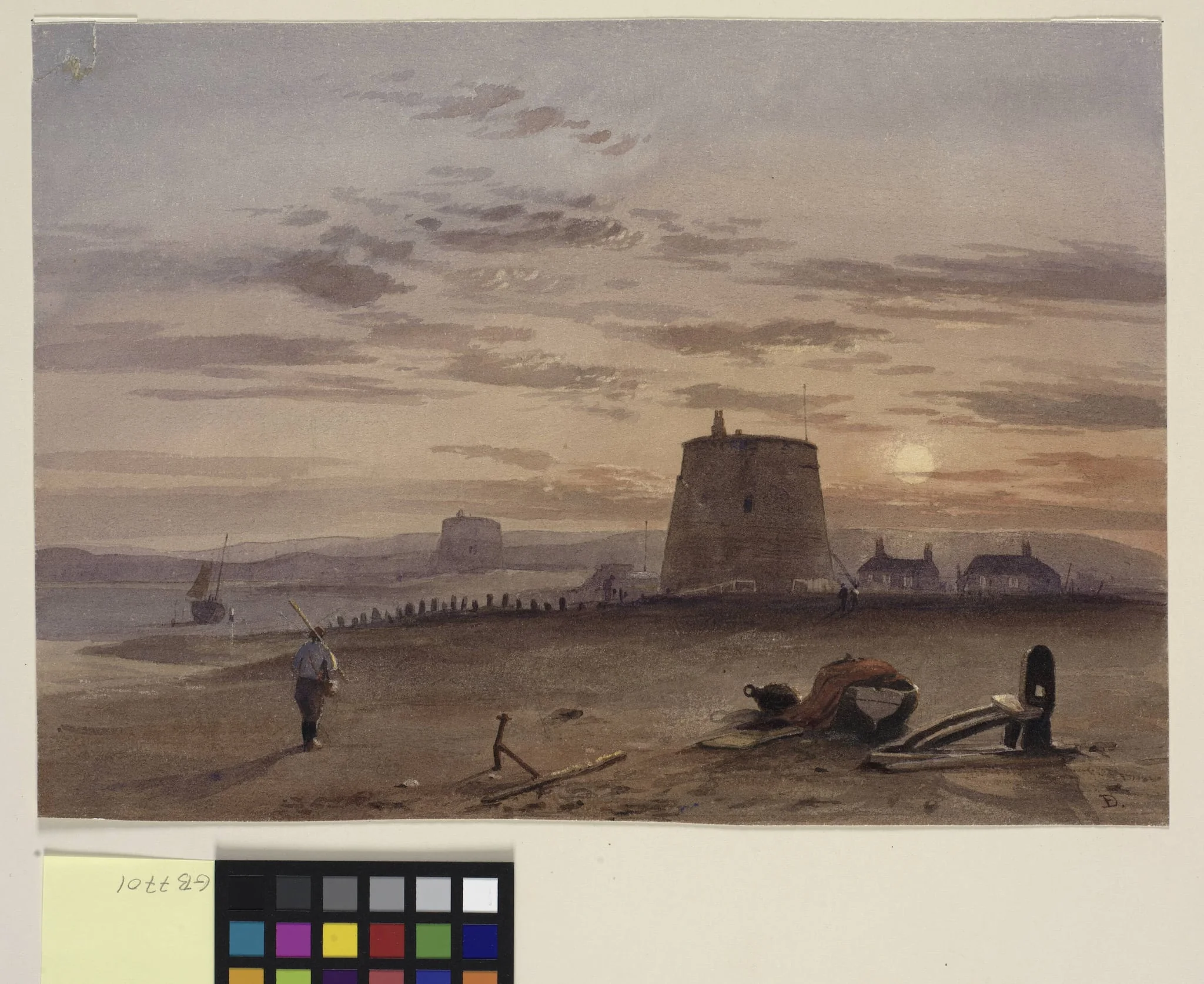 Martello Tower at St. Leonards against setting sun, by Unknown, unspecified, 1850