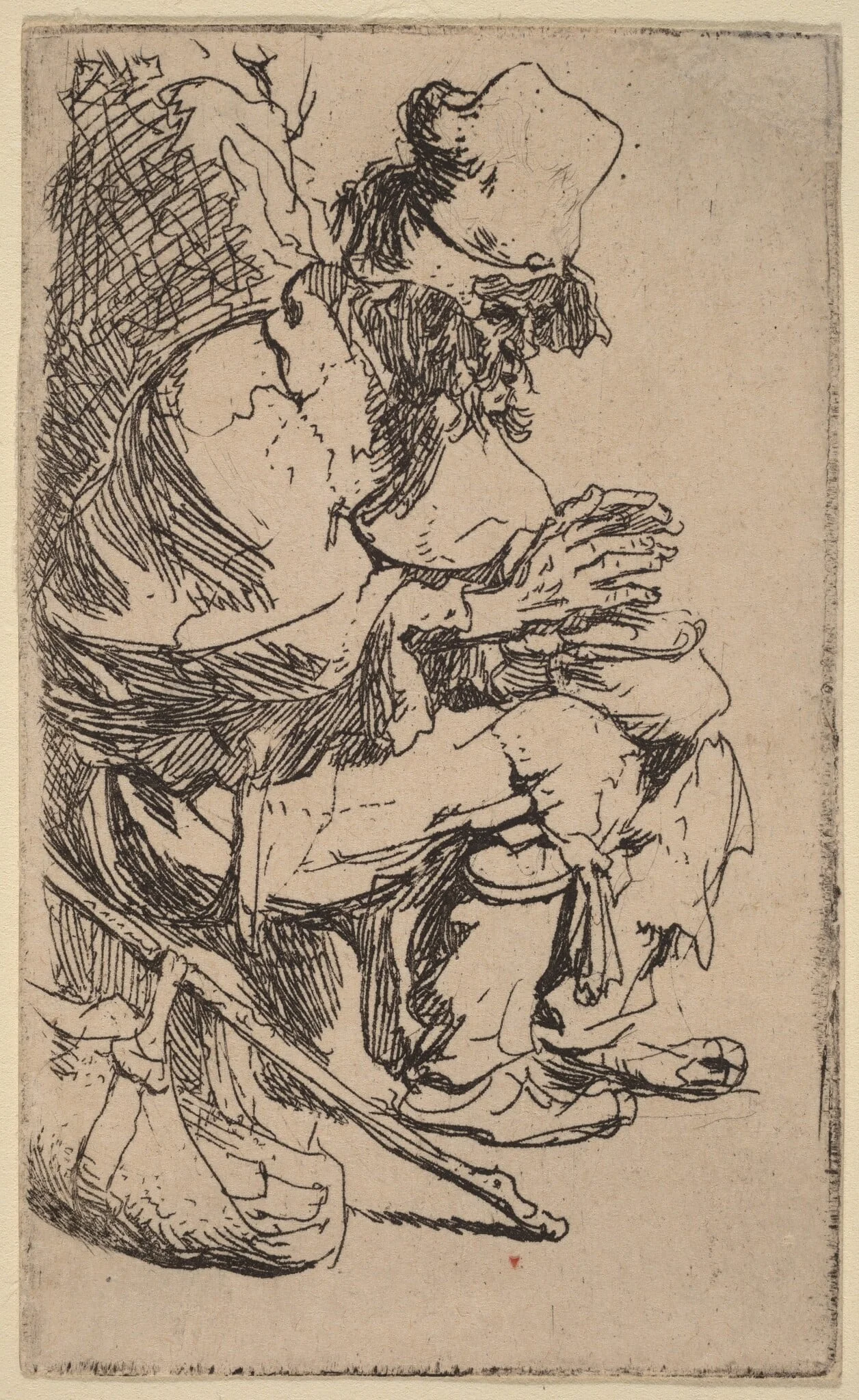 Beggar Seated Warming His Hands at a Chafing Dish, by Rembrandt, ink, 1630