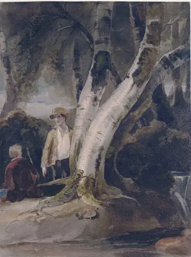 Two boys in a wooded landscape