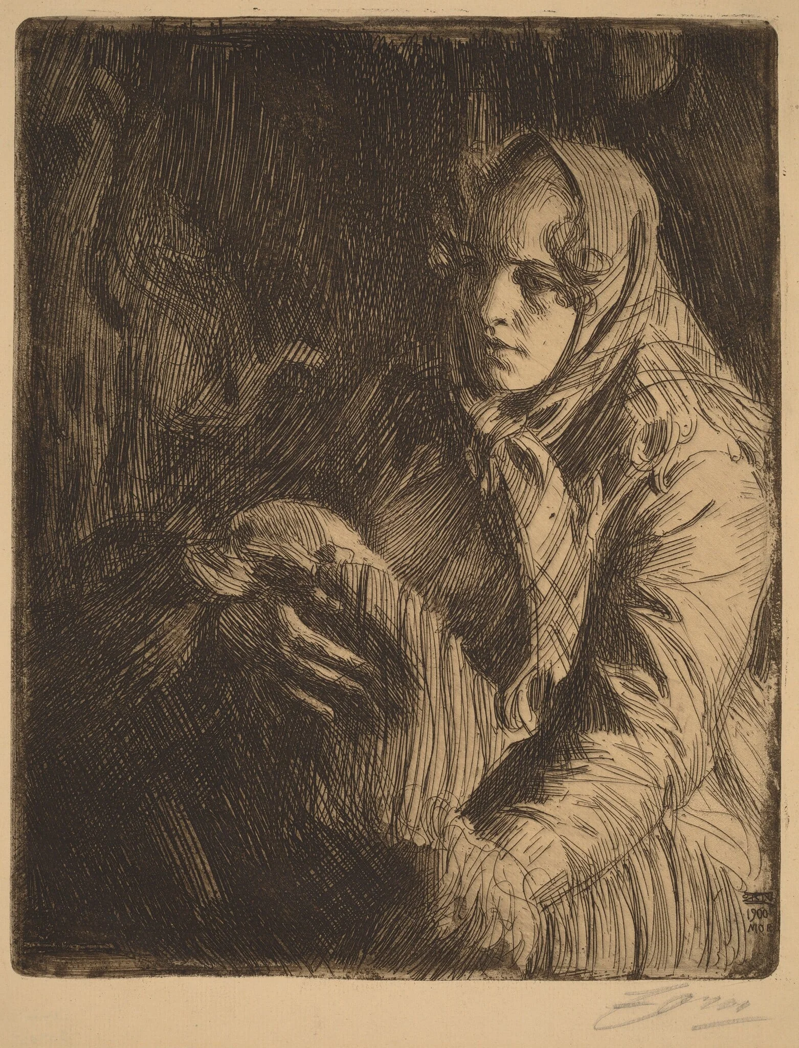 Madonna, by Anders Zorn, ink, 1900