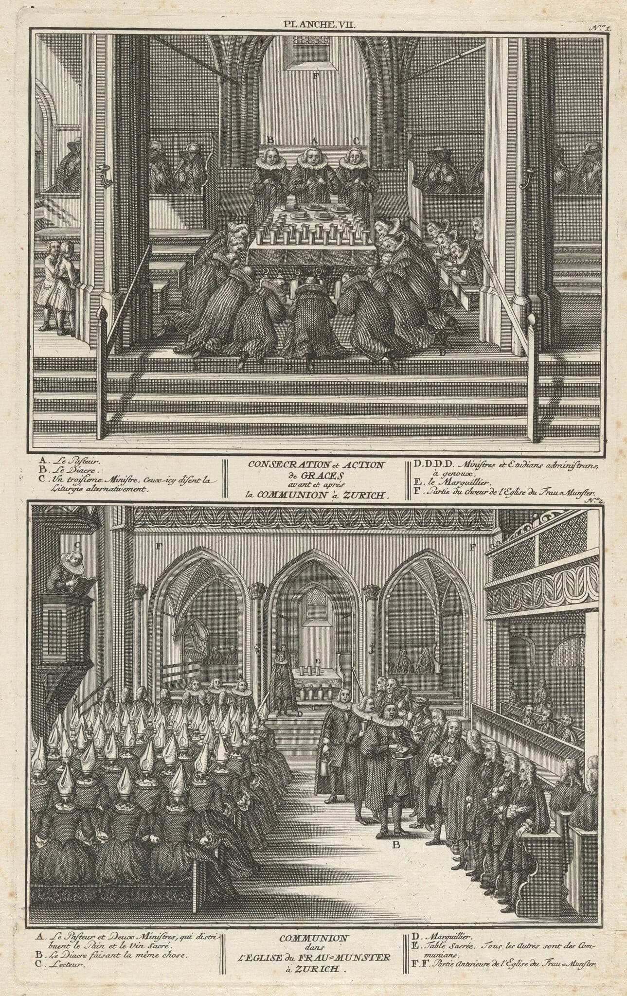 Consecration et Action de Graces avant et après la Communion à Zurich; Communion dans l’Eglise du Fraumunster à Zurich (Consecration and Communion at the Fraumunster, Zurich), by David Herrliberger, ink, 1751