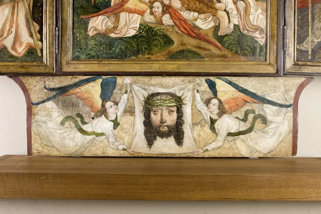 Veil of St. Veronica held by two angels. Altar retable from the church in Moszczenica Niżna – predella.