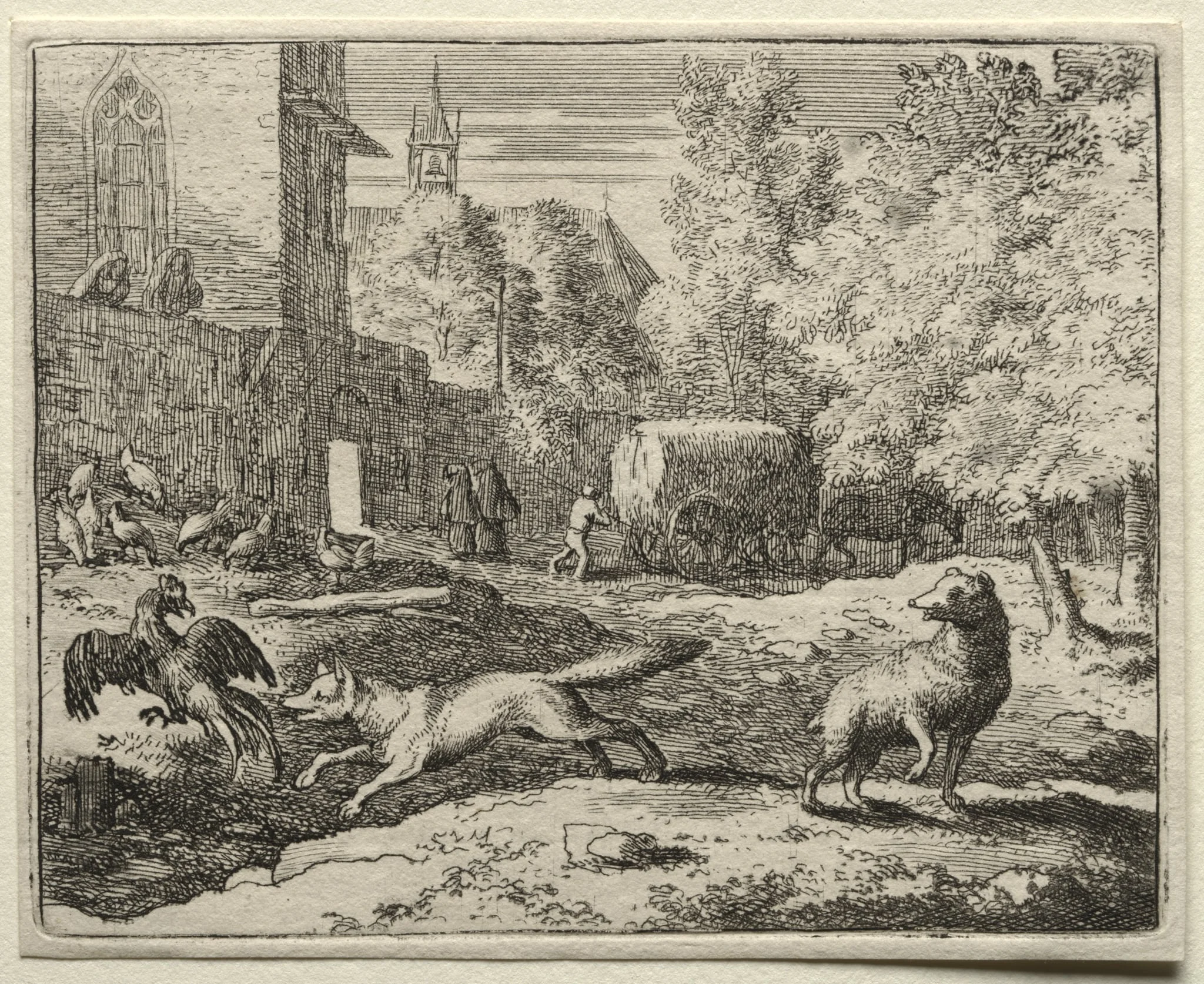 Reynard the Fox:  Reynard Chasing Hens, by Allart van Everdingen, 1662