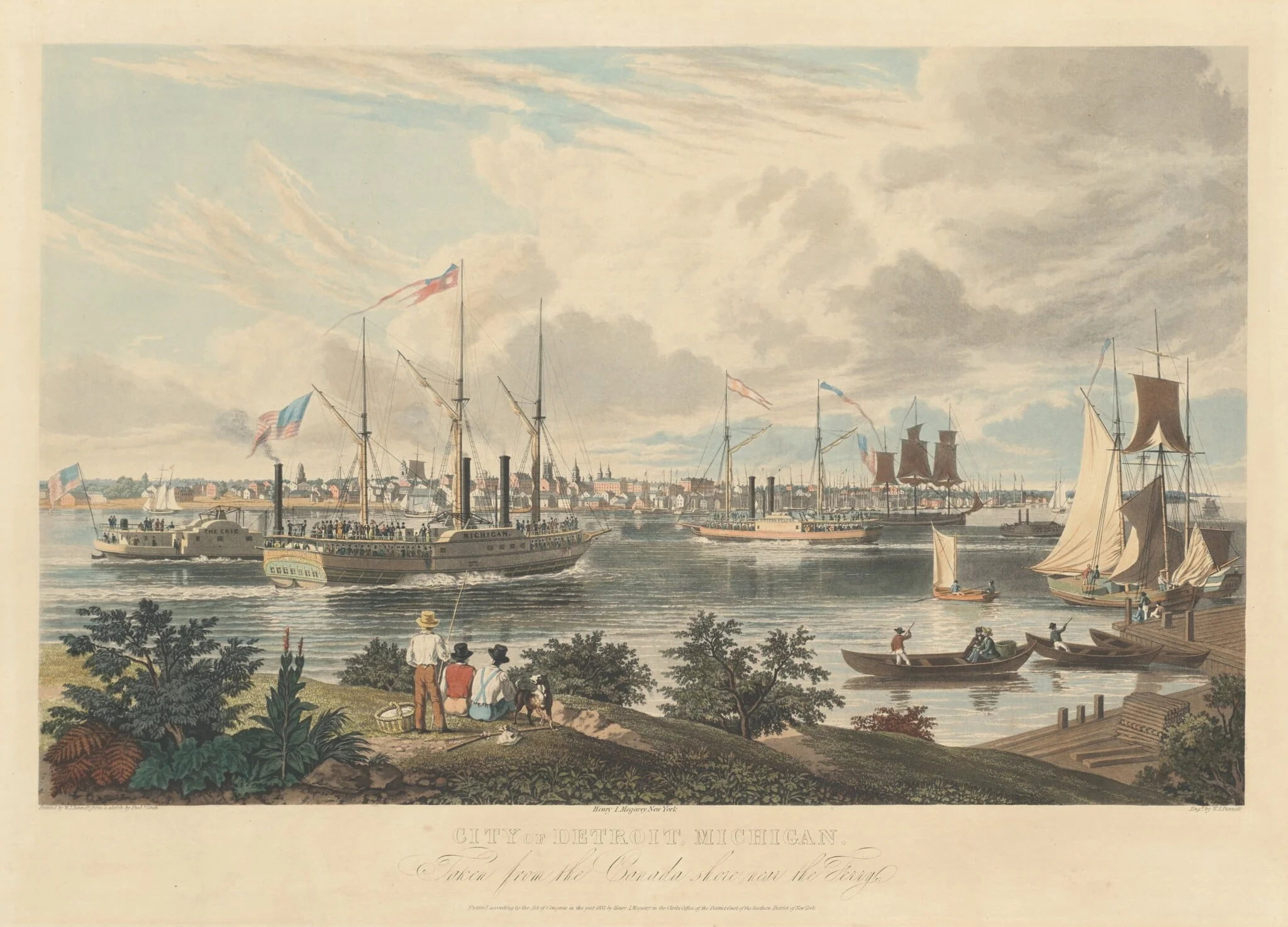 City of Detroit, Michigan: Taken from the Canada Shore near the Ferry, by William James Bennett, ink, 1837