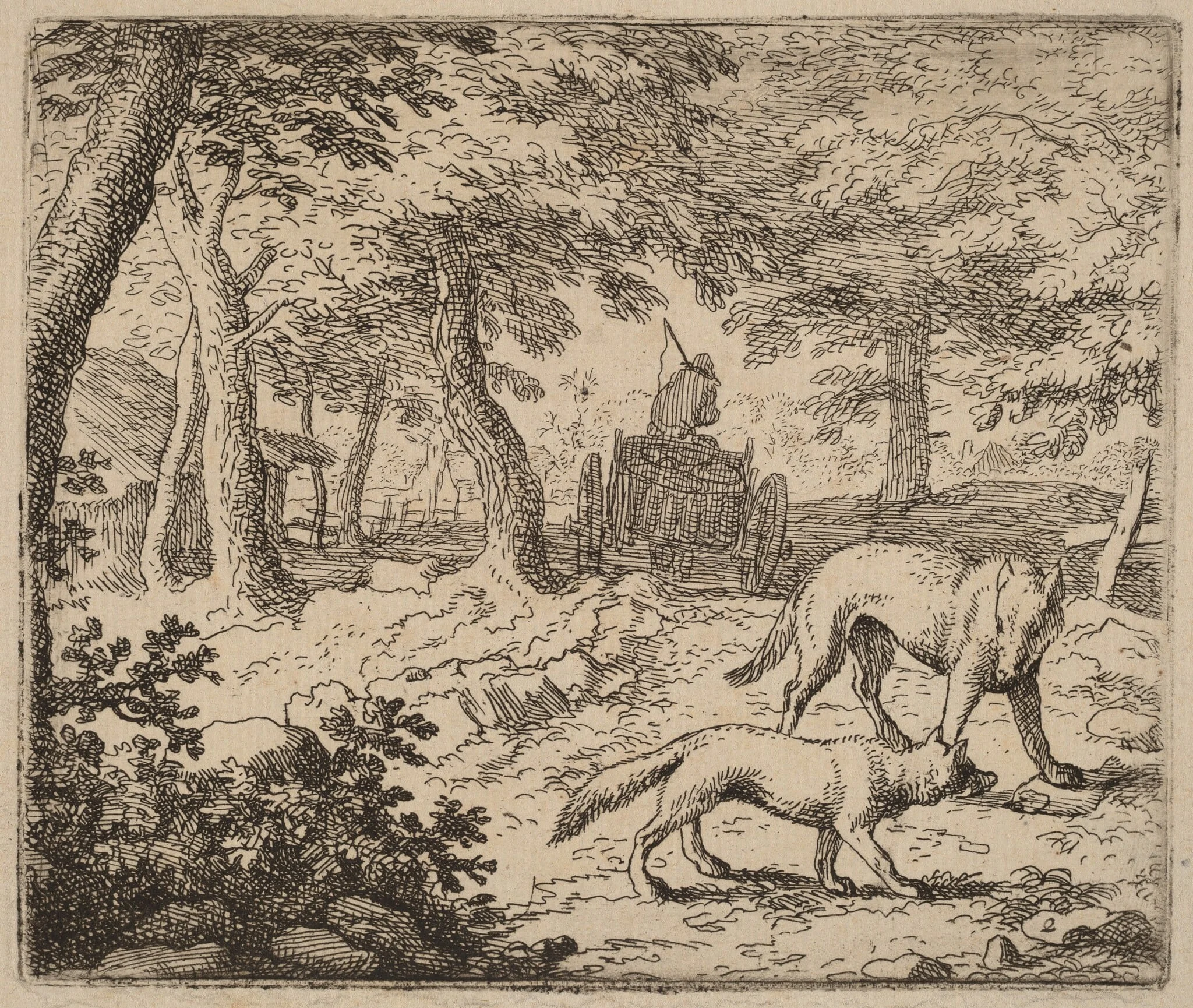 Reynard and the Wolf before the Fish Cart, by Allart van Everdingen, ink, 1650