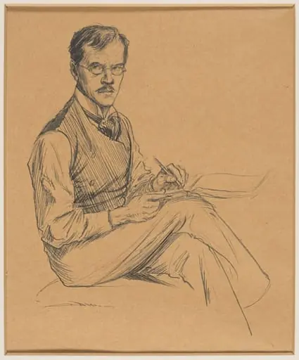 An artist, seated, sketching