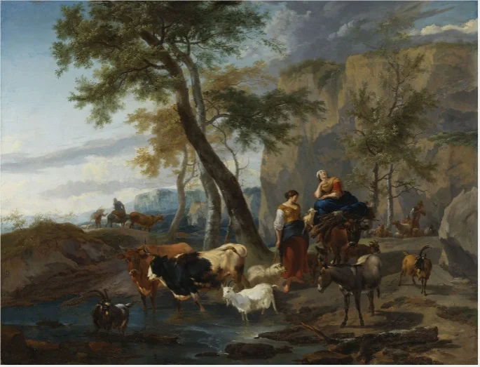 A Landscape with a Ford, by Nicolaes Pieterszoon Berchem, oil, 1662