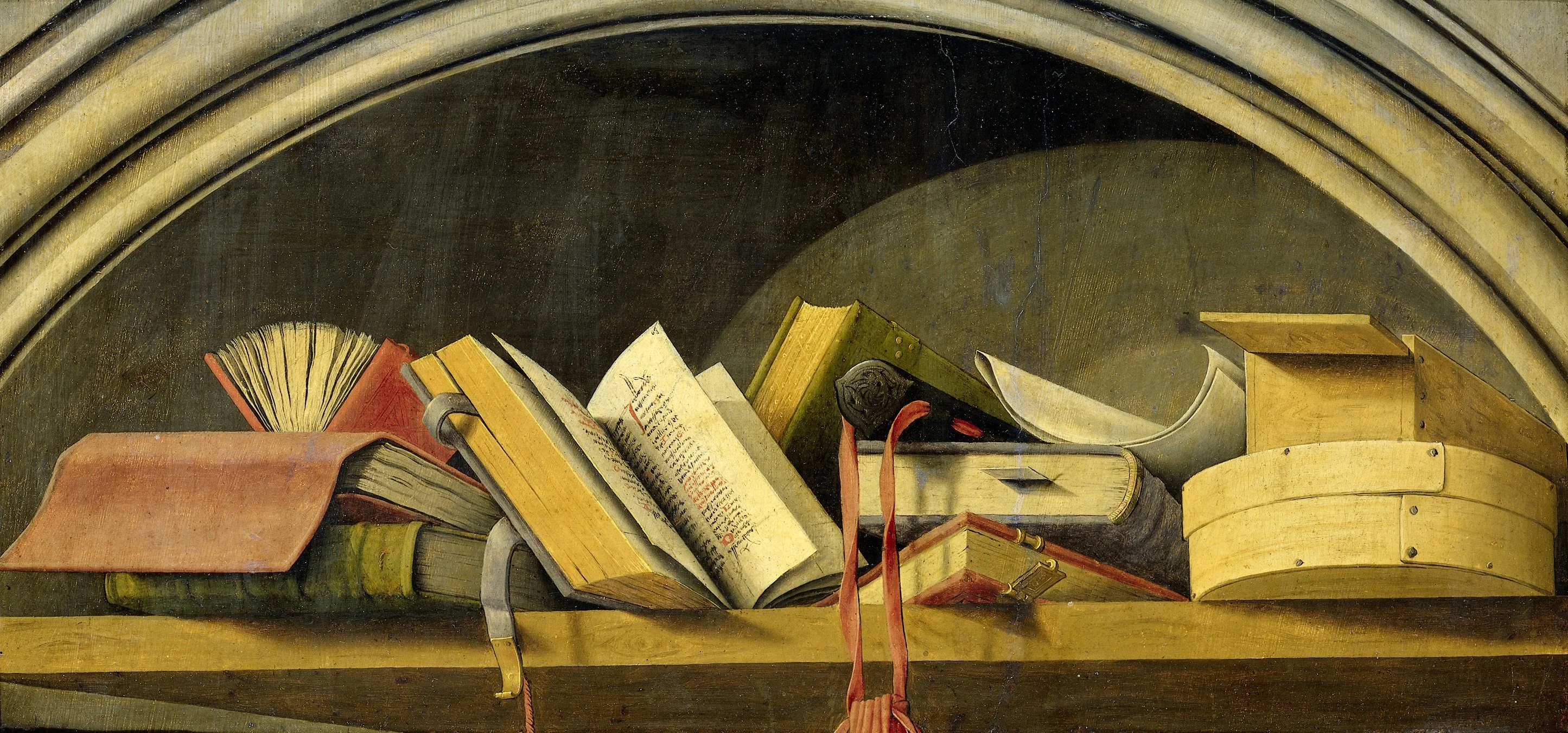 Still Life with Books in a Niche, by Barthélemy d'Eyck, oil, 1442