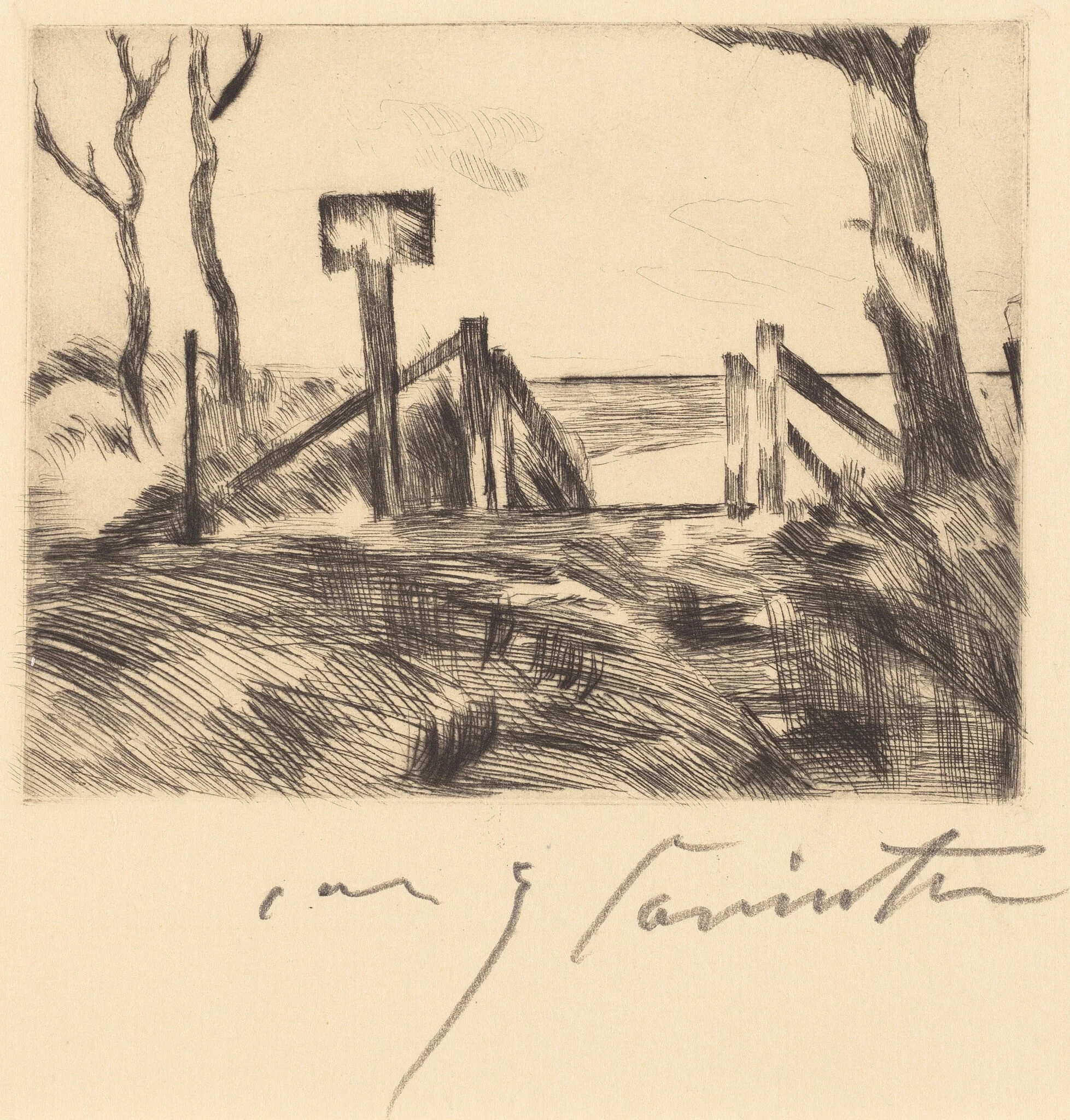 Brücke mit Tafel (Bridge with Sign), by Lovis Corinth, ink, 1916