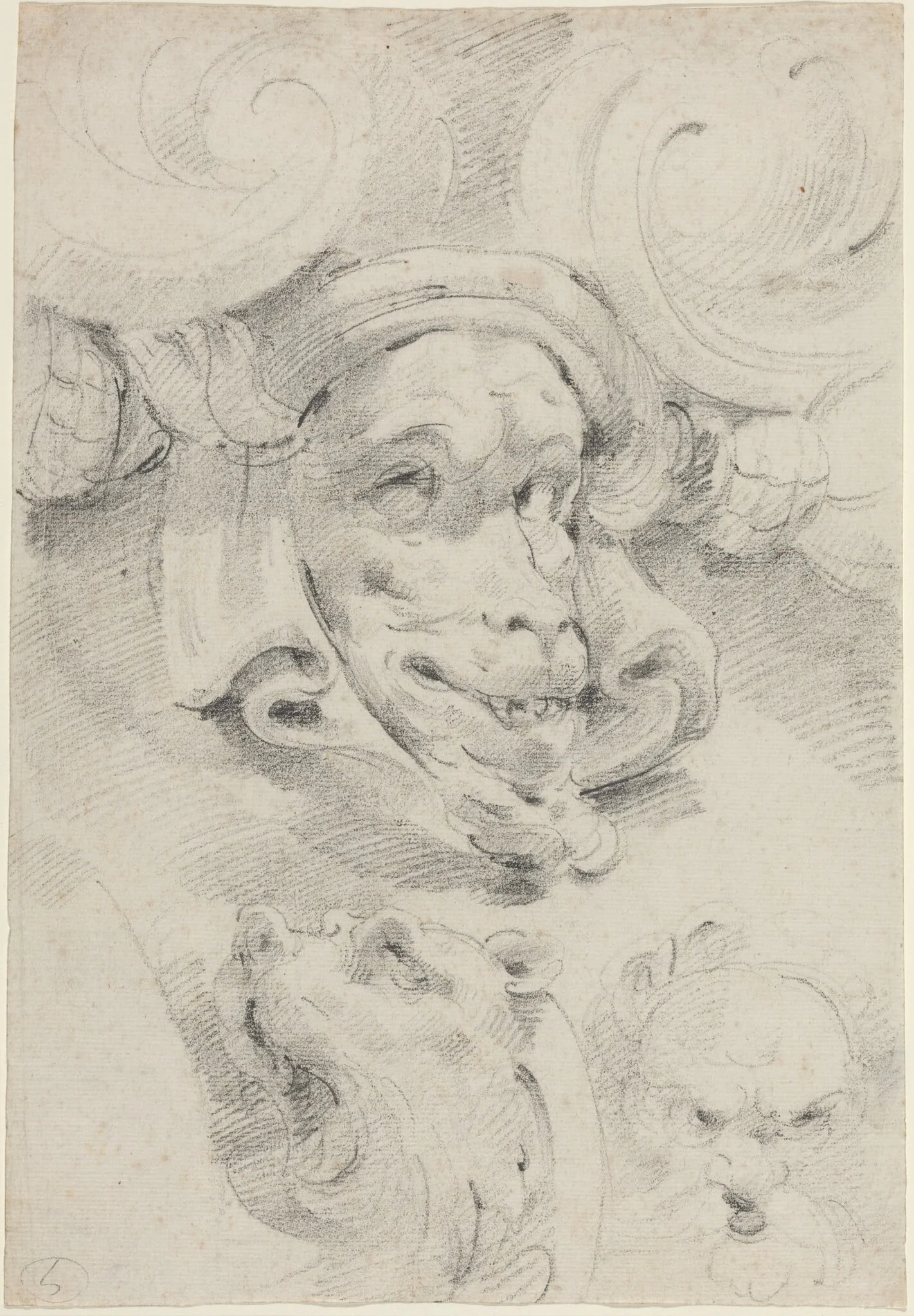 Ornamental Sketches with Grotesque Masks, by Pierre Puget, chalk, 1657