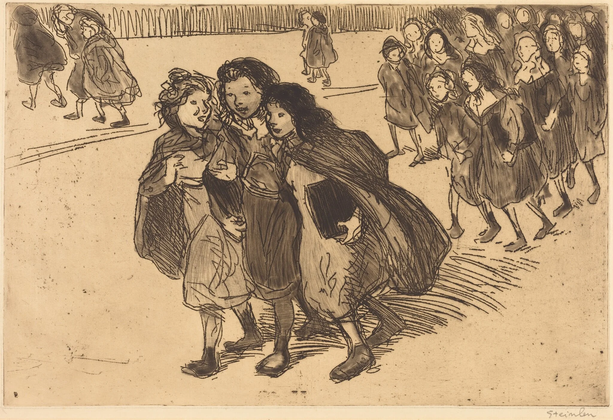 Girls Coming from School (Gamines sortant de l'ecole), by Théophile Alexandre Steinlen, ink, 1911