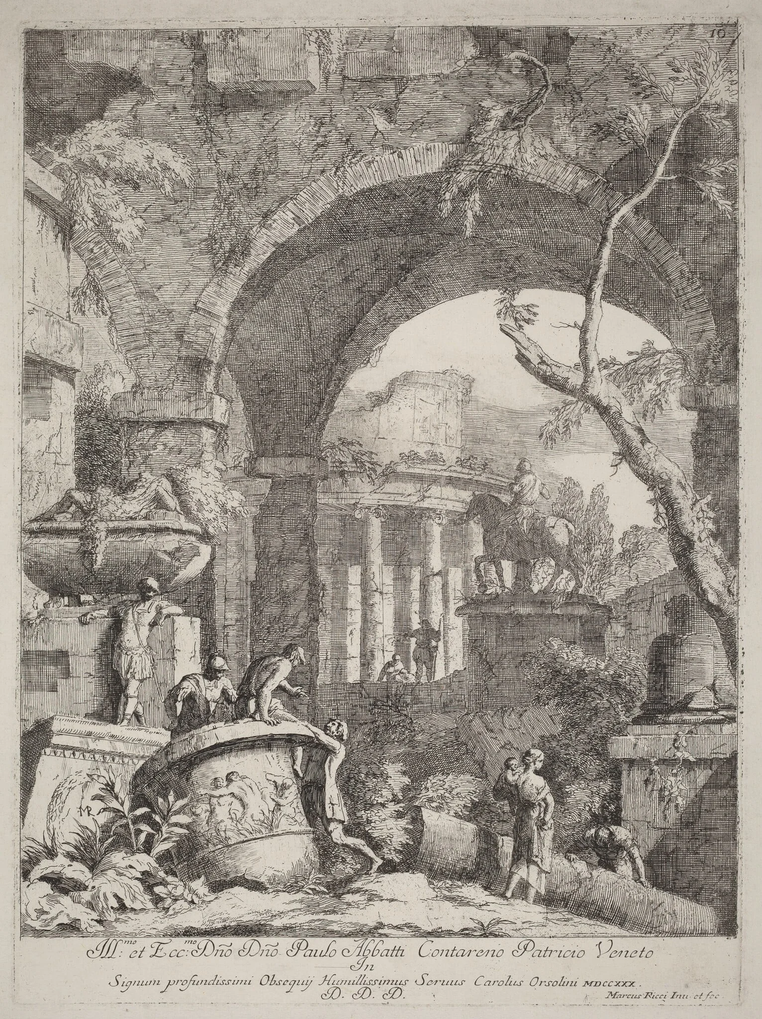 Capriccio: Ruins, by Marco Ricci, ink, 1702