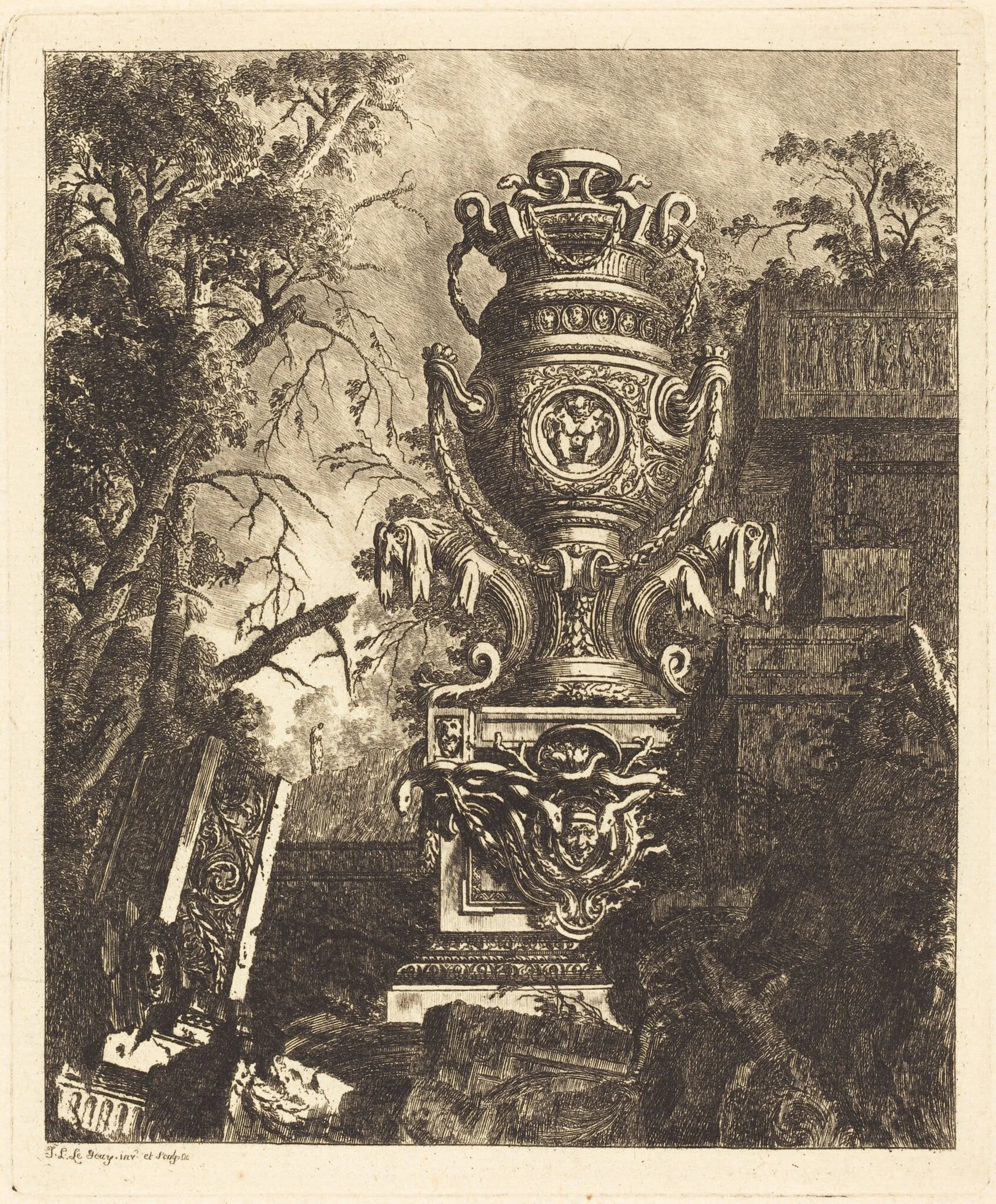 Vase with Two Fantastic Heads, by Jean-Laurent Legeay, ink, 1768