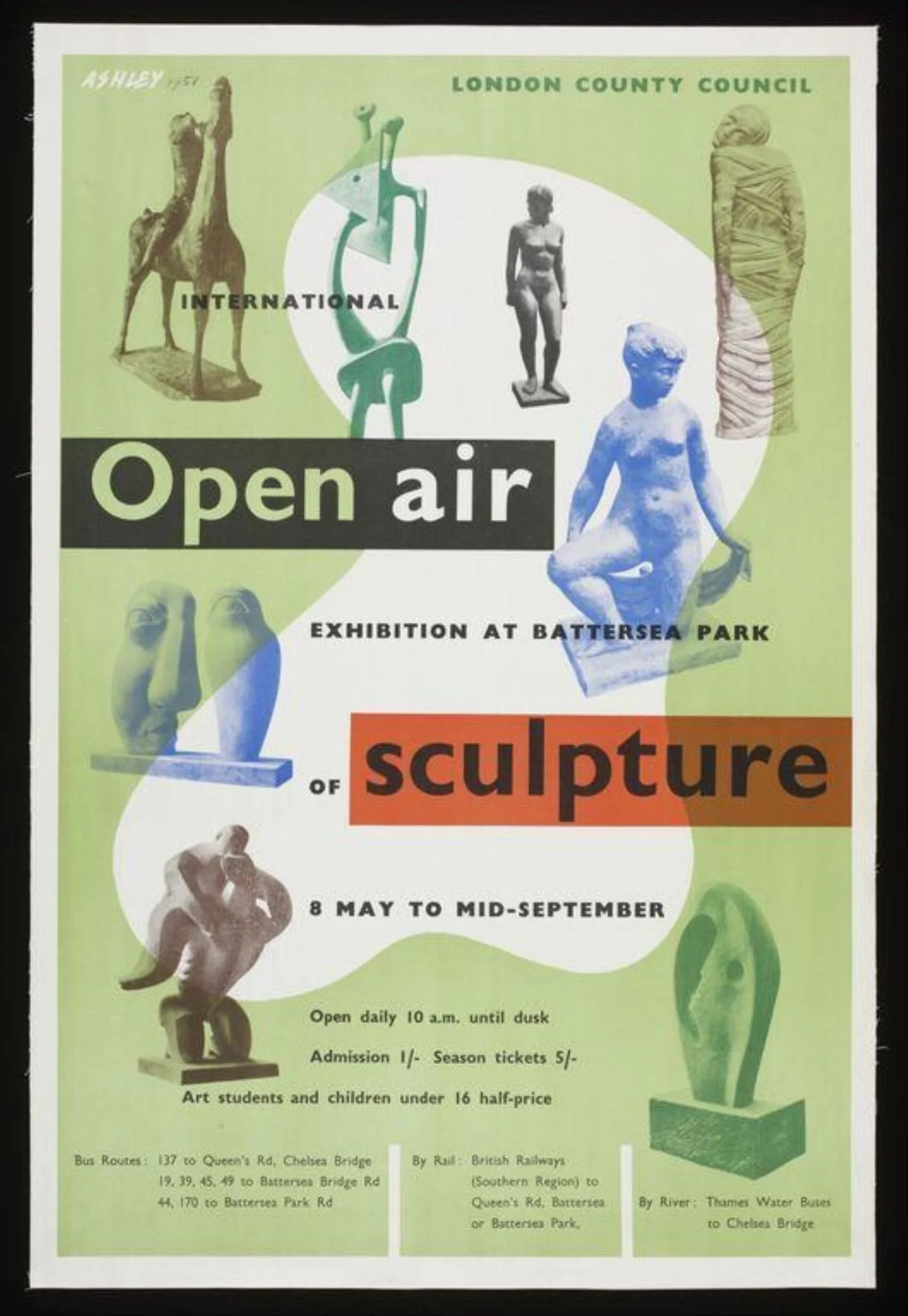 Open air exhibition at Battersea Park of sculpture, by Ashley Havinden, 1951