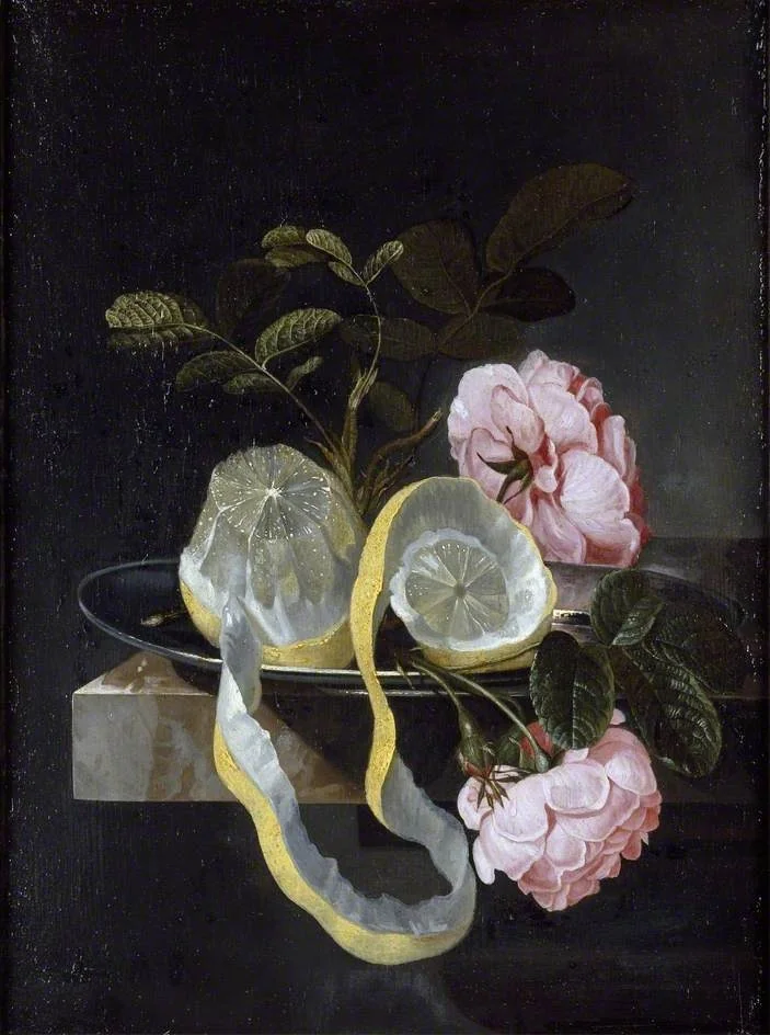 Still Life with a Lemon and pink Roses, by Cornelis Kick, oil, 1667