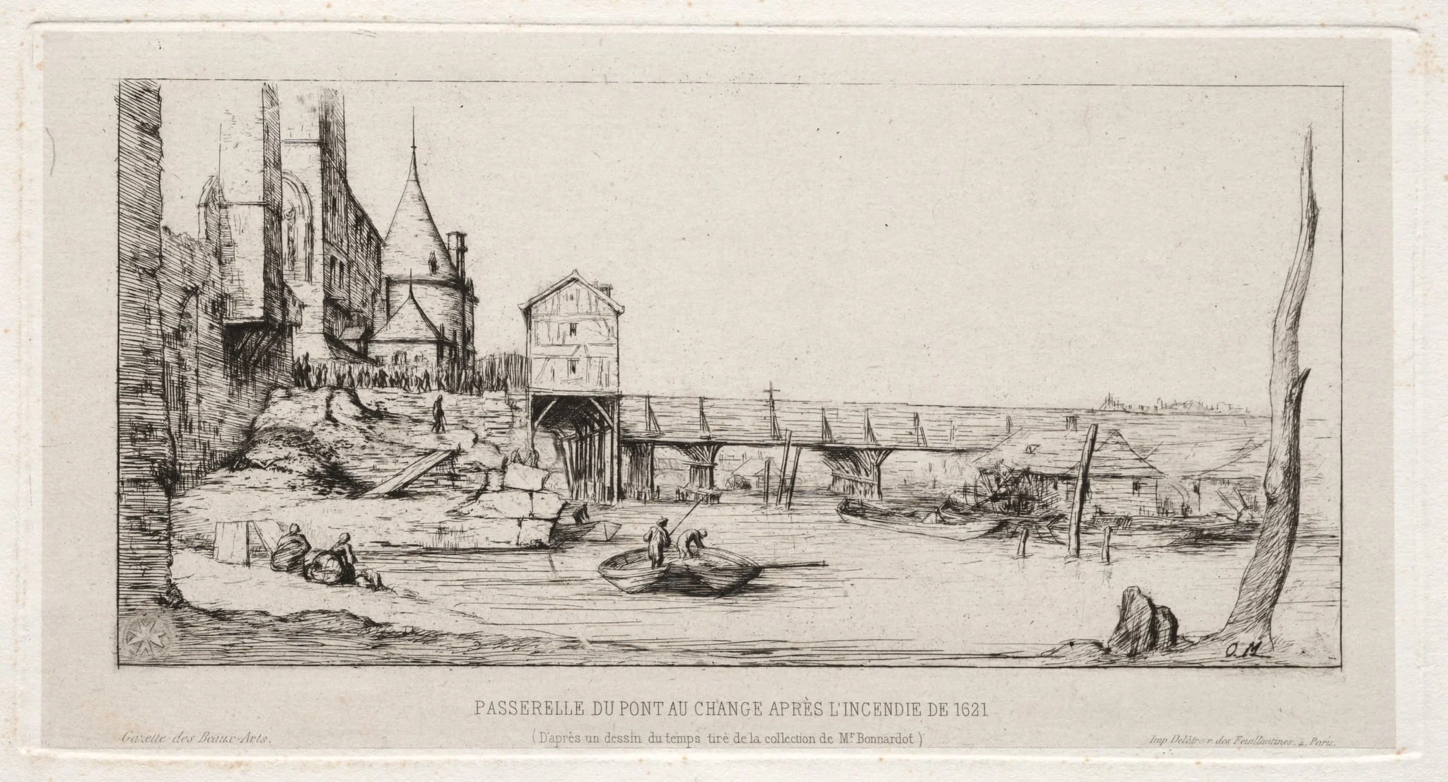Footbridge Temporarily Replacing the Exchange Bridge,Paris, after the fire of 1621, by Charles Meryon, 1860