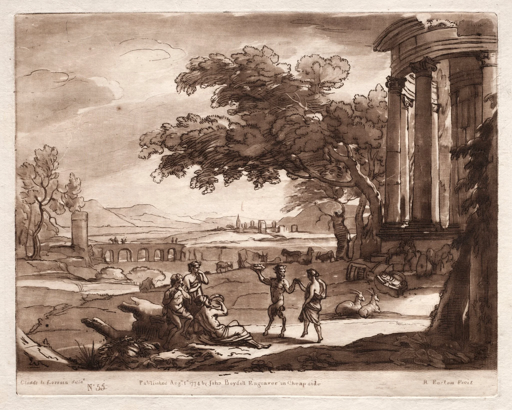 Liber Veritatis:  No. 55, A Landscape with a Temple and a Nymph and Satyr Dancing