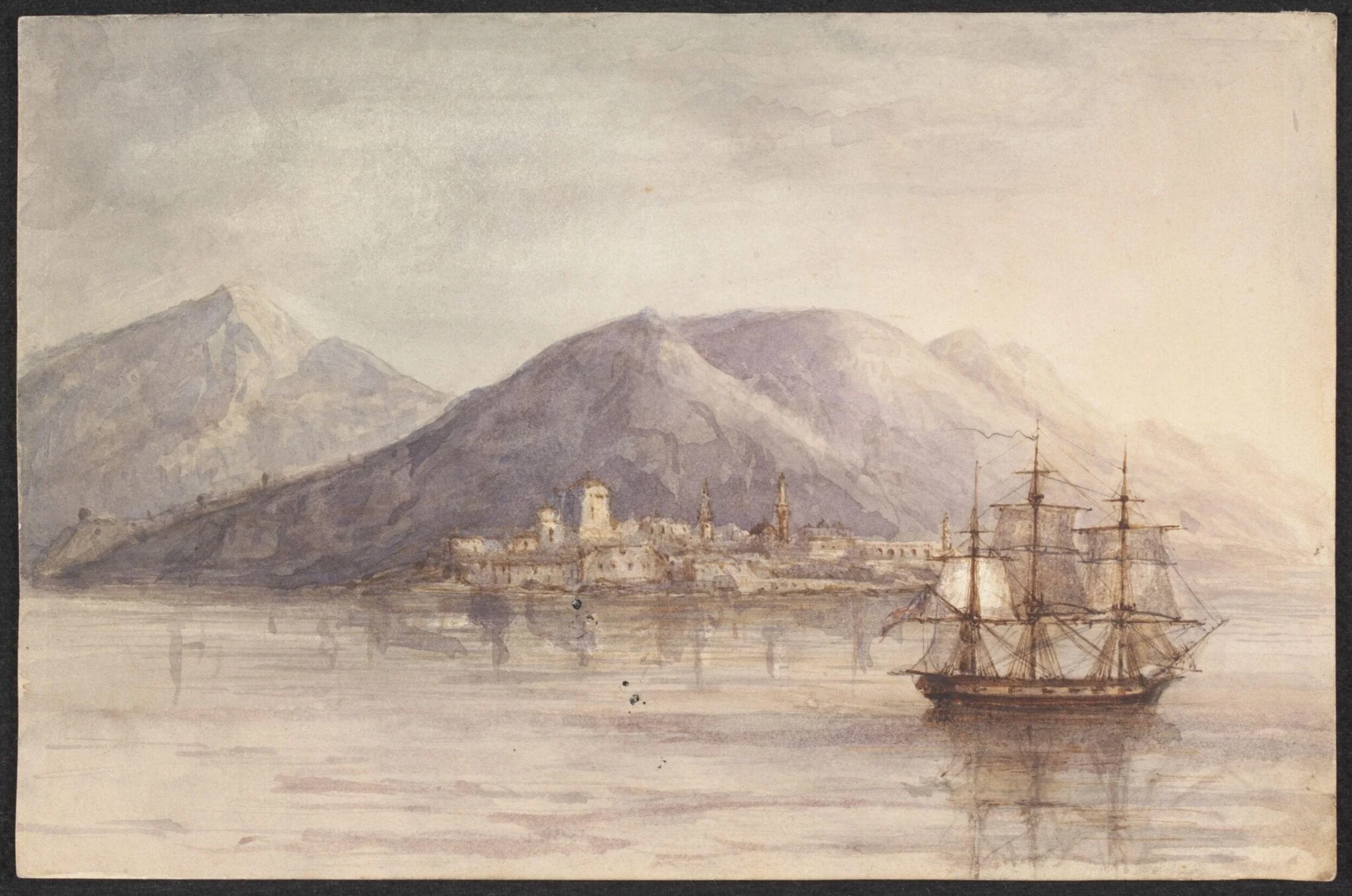 A British warship, lying off a Turkish Port, 1850-1860, by Unknown, watercolor, 1855