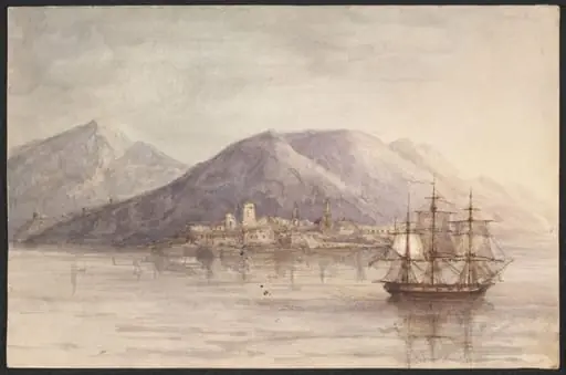 A British warship, lying off a Turkish Port, 1850-1860