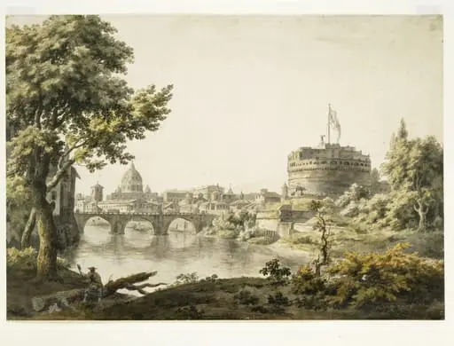 A view of Rome with the Tiber, the Castle of S. Angelo, and in the background St. Peter's