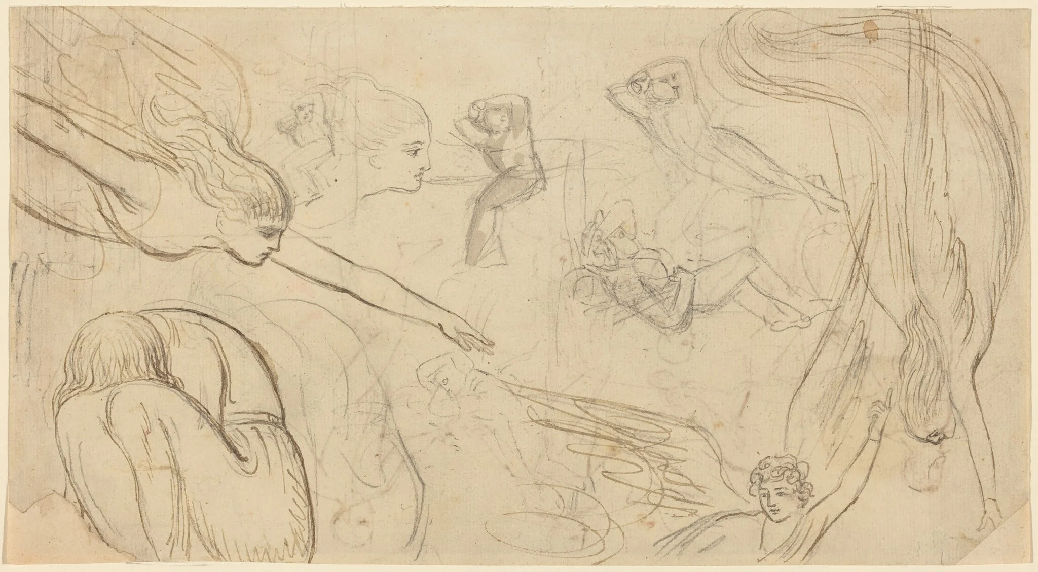 Sheet of Studies with Angels and Cowering Figures (Illustration for Macklin's Bible?), by Thomas Stothard, ink, 1791