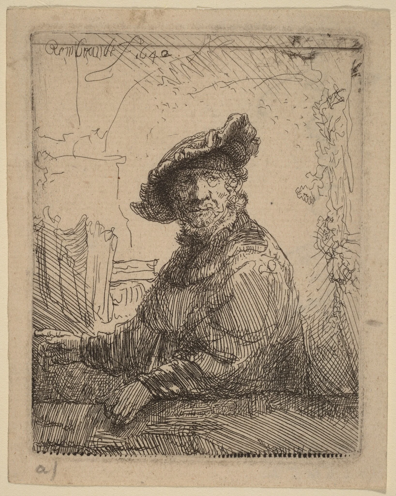 Man in an Arbor, by Rembrandt, ink, 1642