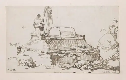 A boatwoman and a goat and kids by a Chinese tomb