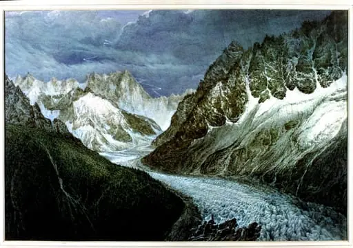 View of the Mer de Glace, with the Aiguille du Moine on the left, and the Grandes Forasses in distance to right