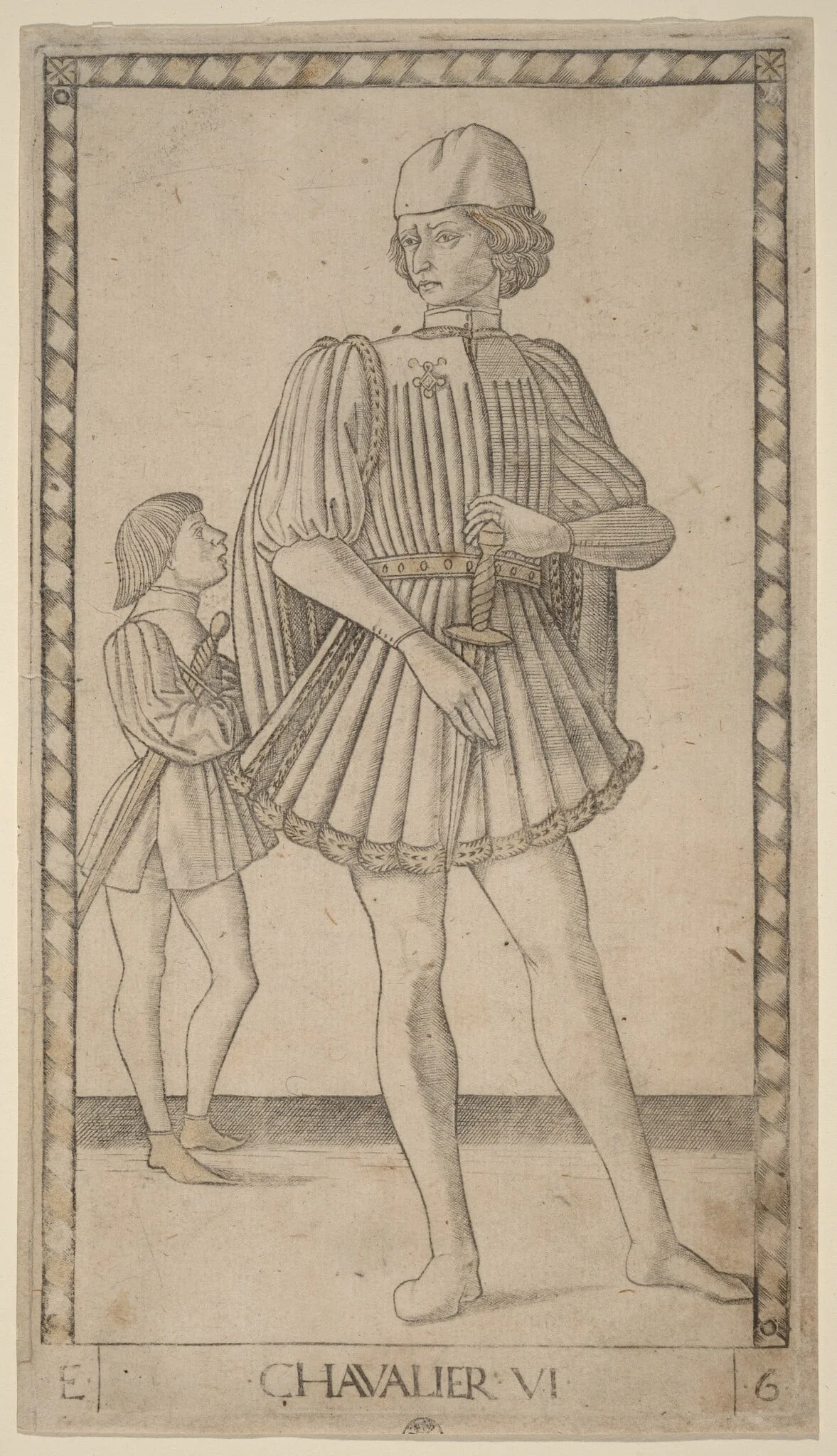 Chavalier (Knight), by Master of the E-Series Tarocchi, ink, 1465