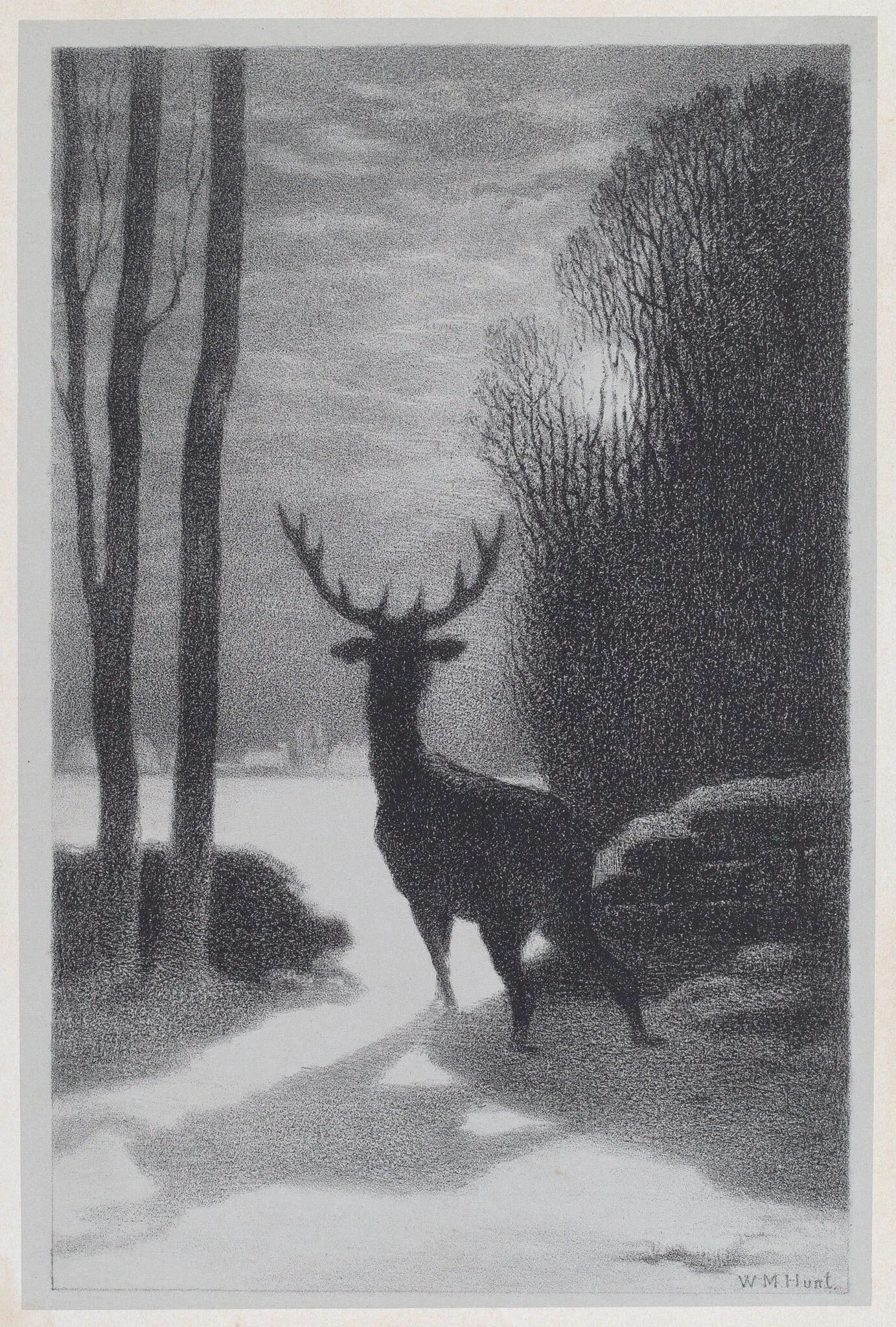 Stag in the Moonlight, by William Morris Hunt, ink, 1857