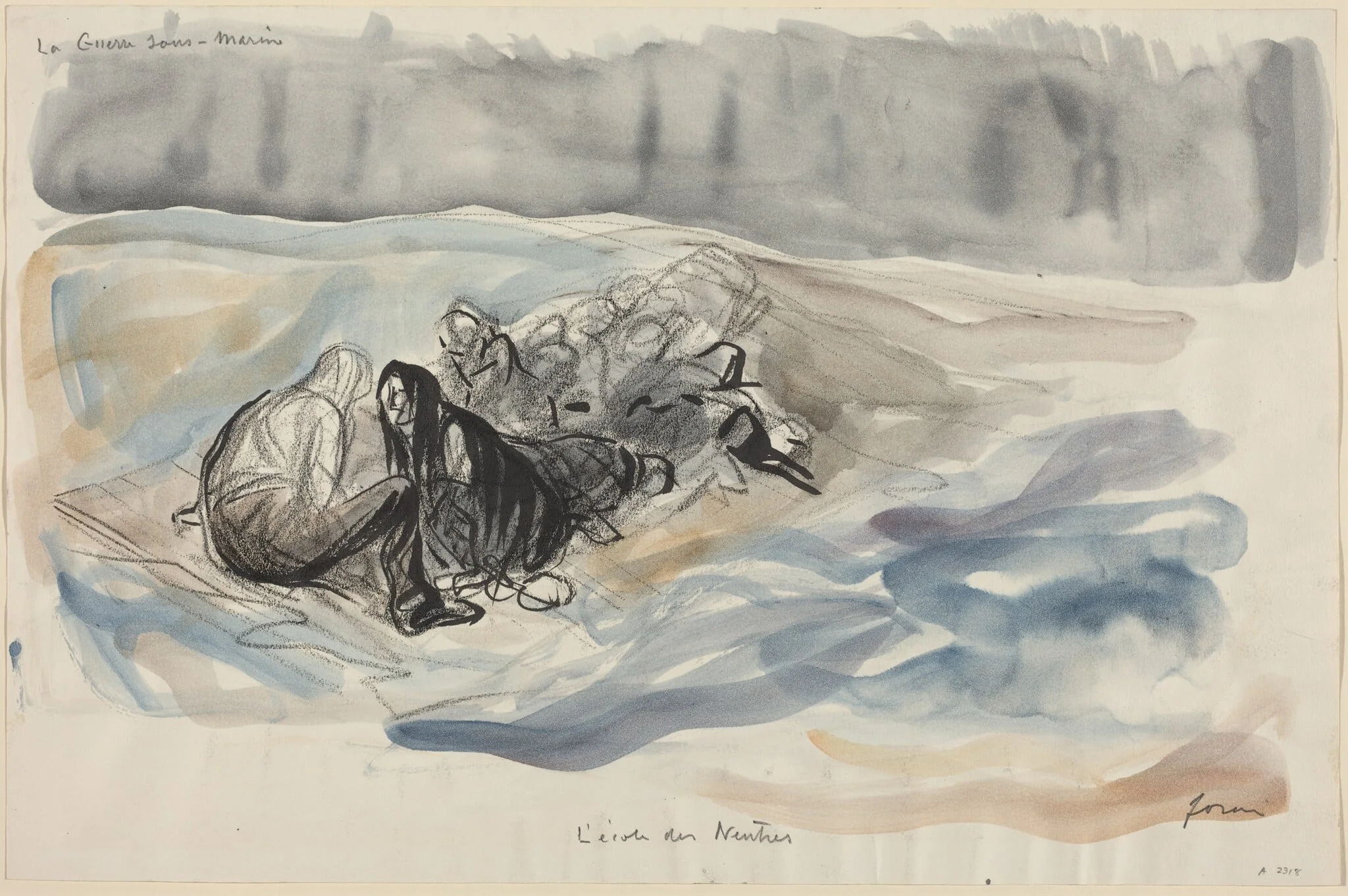 a) La Guerre sous-Marine. L'ecole des Neutres (recto); b) Study of  La Guerre sous-Marine. L'ecole des Neutres (verso), by Jean-Louis Forain, ink, 1916