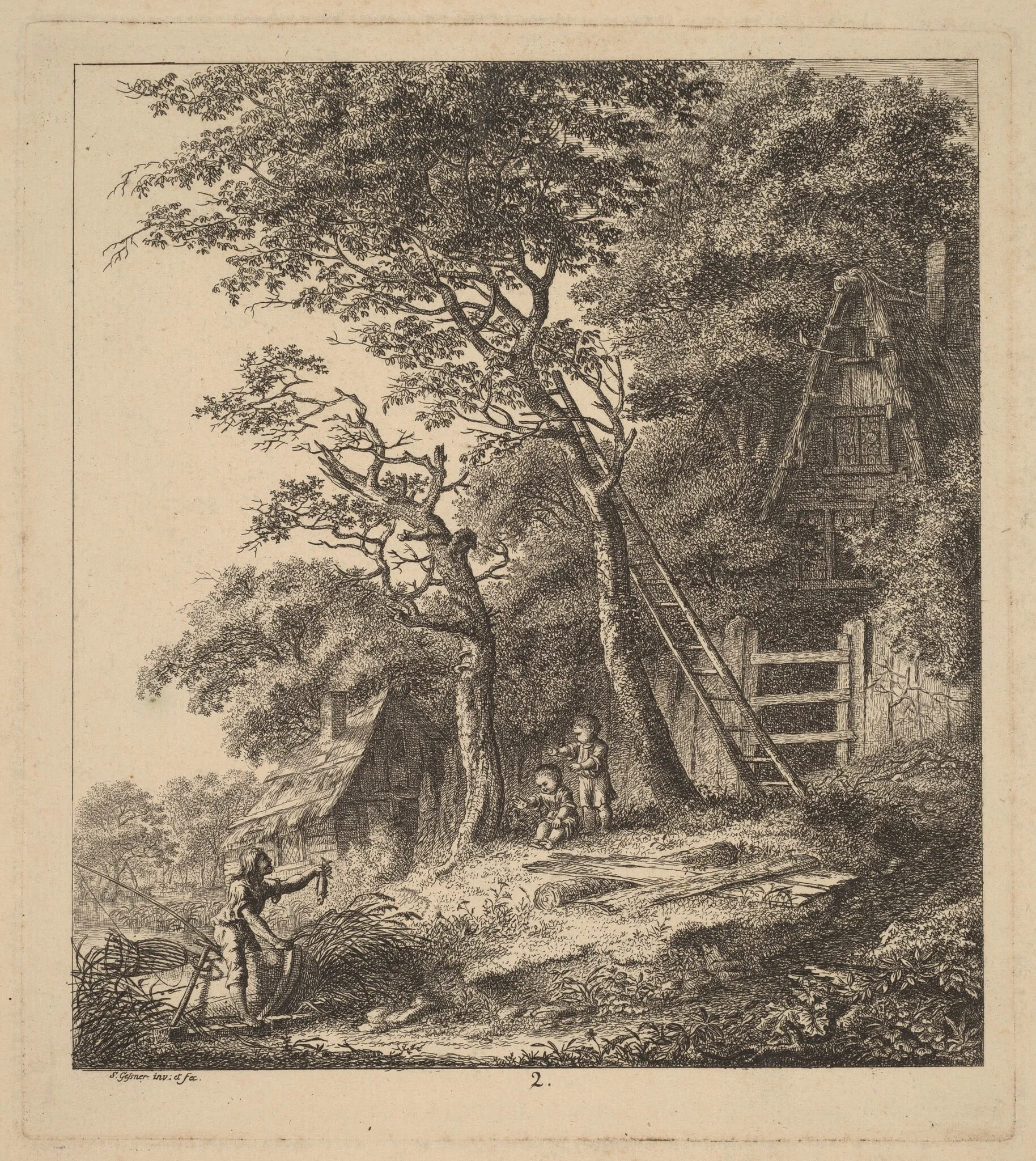 A Fisherman and Two Children in a Landscape with Thatched Cottages, by Salomon Gessner, ink, 1764