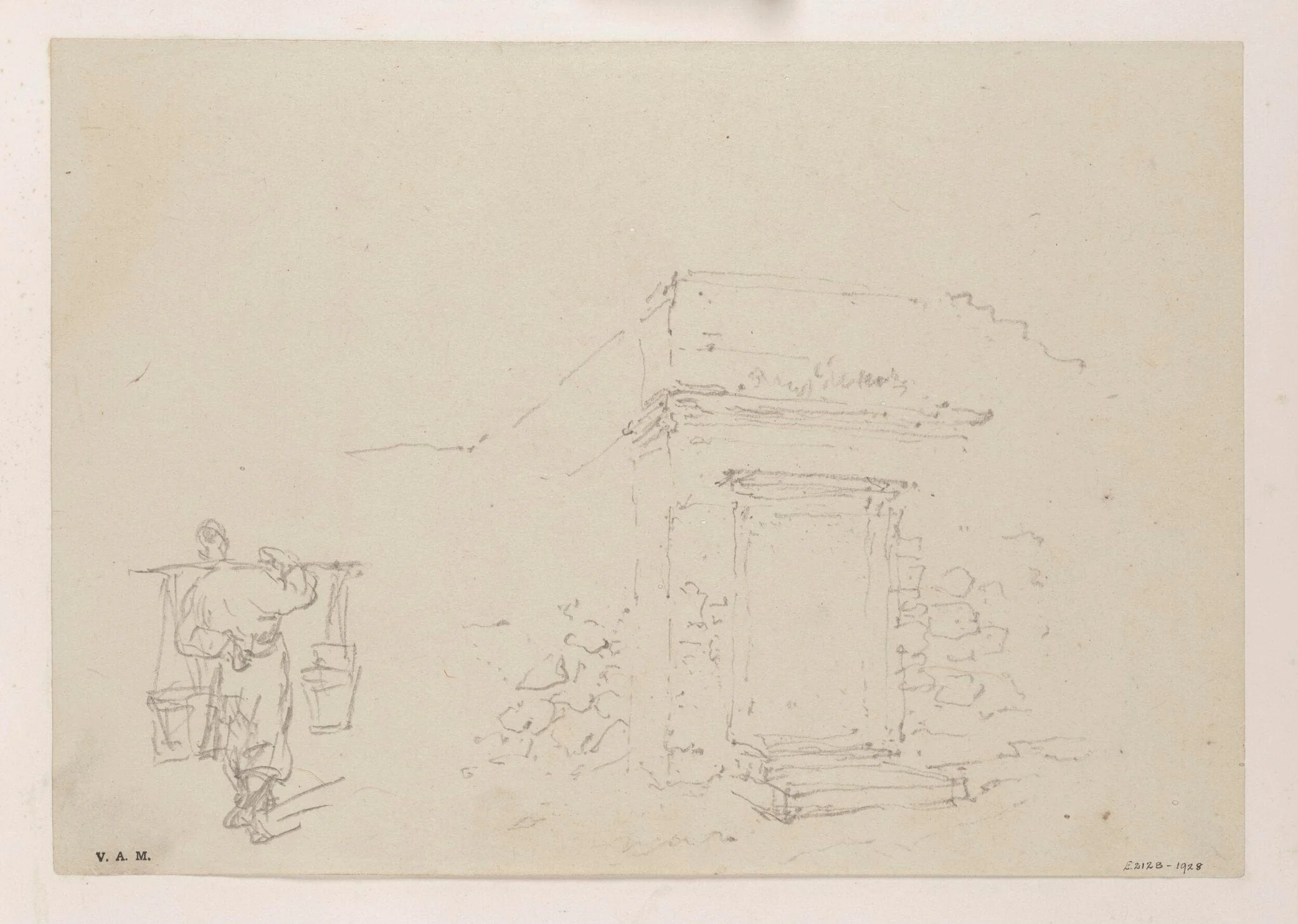 Drawings of a man carrying two pails, and a doorway in a wall, by George Chinnery, 19