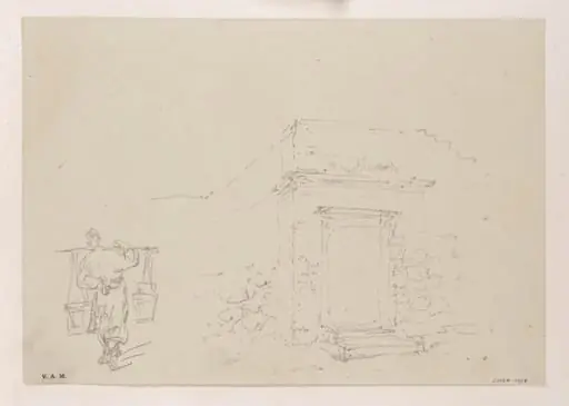Drawings of a man carrying two pails, and a doorway in a wall