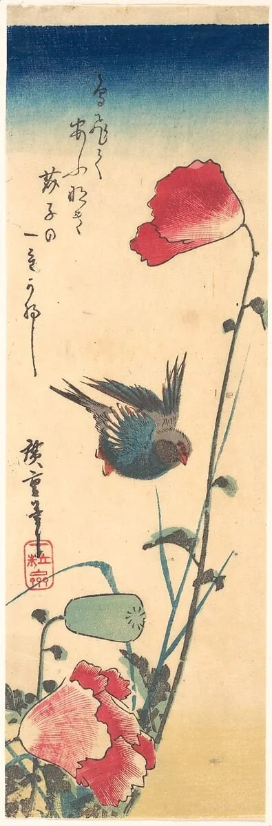 歌川広重画　芥子に瑠璃鳥|A Bluebird and Poppies, by Utagawa Hiroshige, ink, 1833