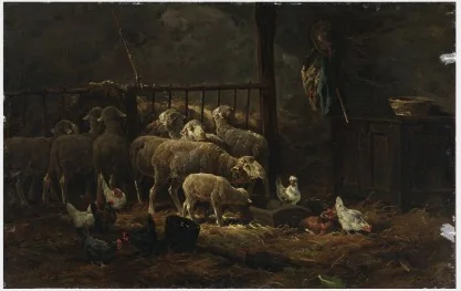 Sheep and Chickens in a Barn