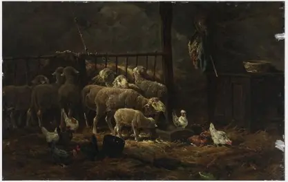 Sheep and Chickens in a Barn