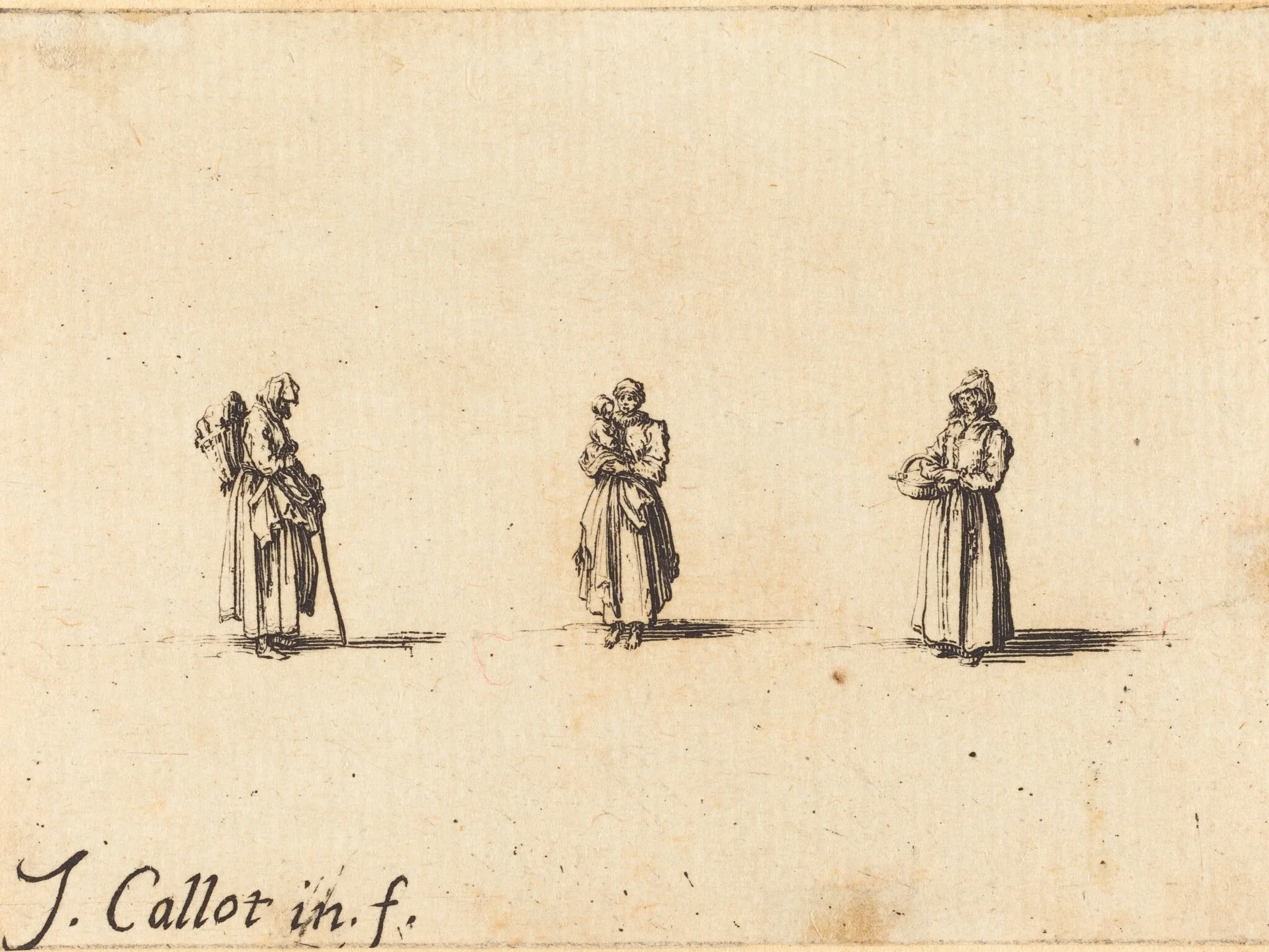 Three Women, One Holding a Child, by Jacques Callot, ink, 1634