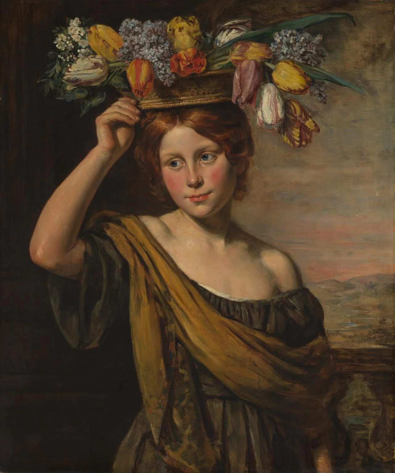 A girl with a basket of tulips, lilacs and other flowers, on a balcony before a landscape