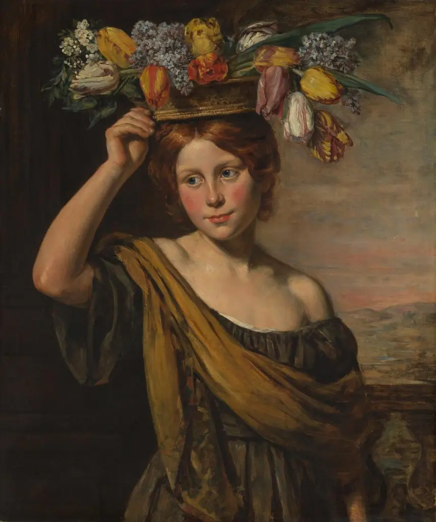 A girl with a basket of tulips, lilacs and other flowers, on a balcony before a landscape