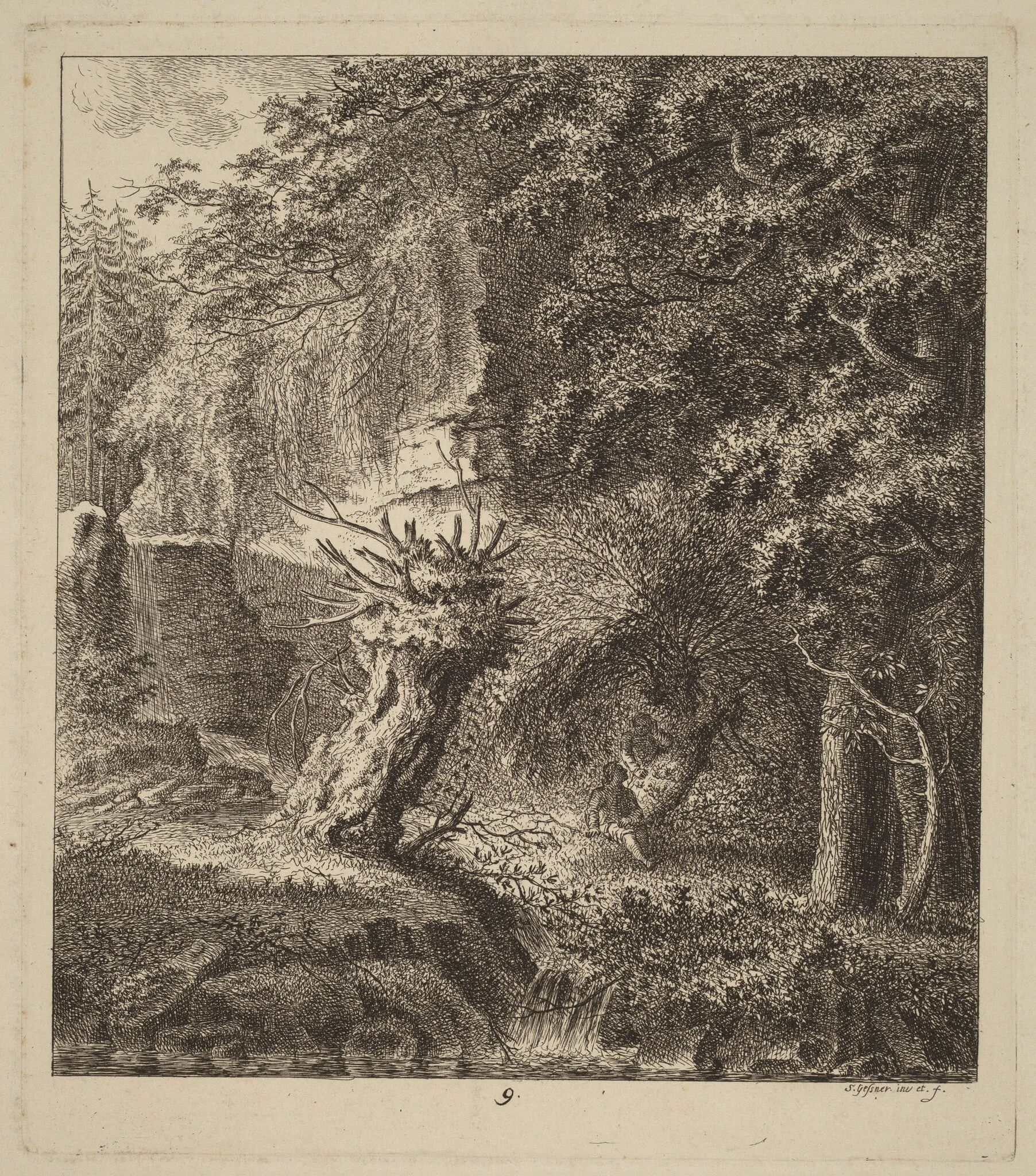 Wooded Landscape with a Pollarded Tree, by Salomon Gessner, ink, 1764