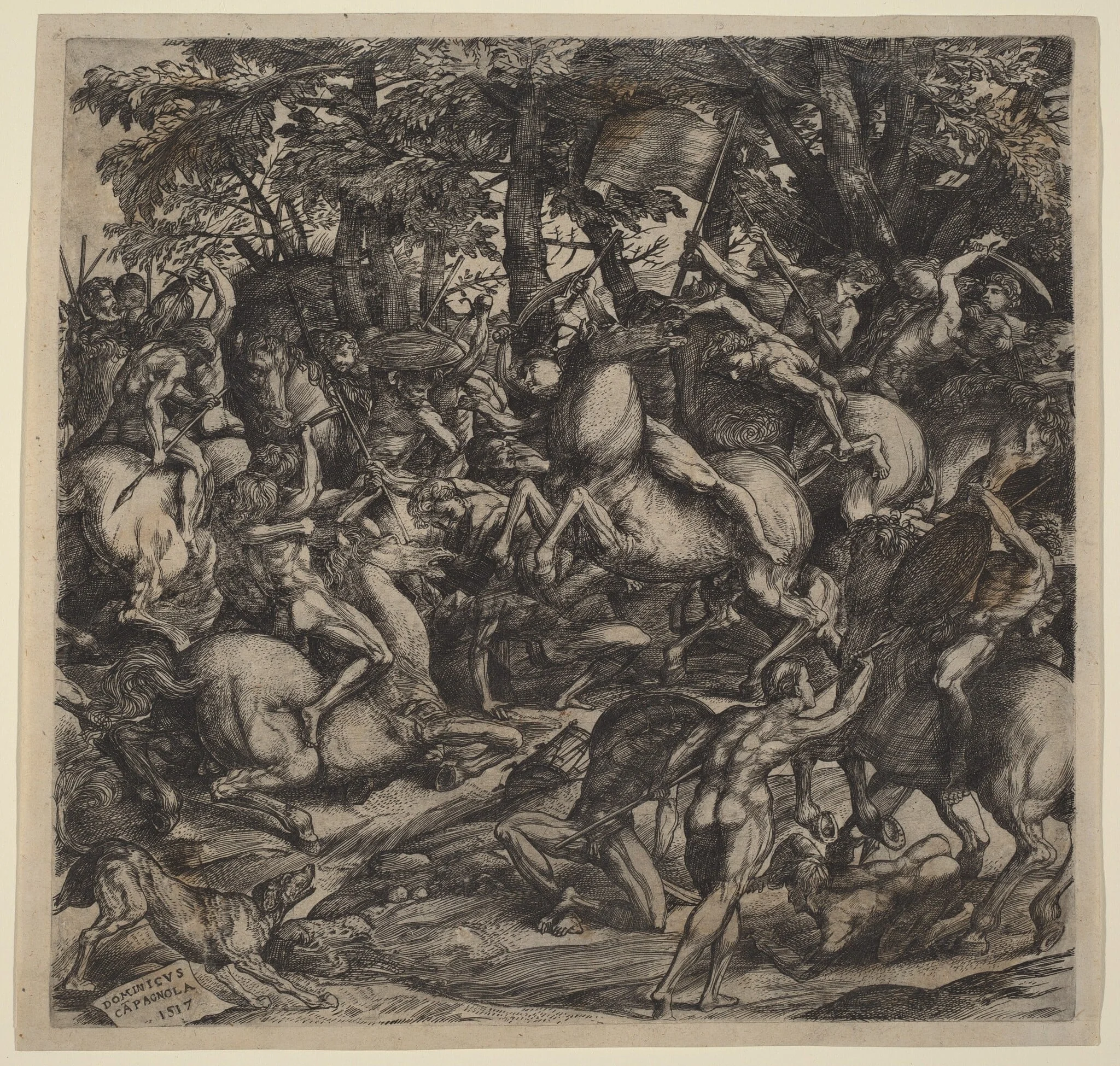 Battle of Nude Men, by Domenico Campagnola, ink, 1517