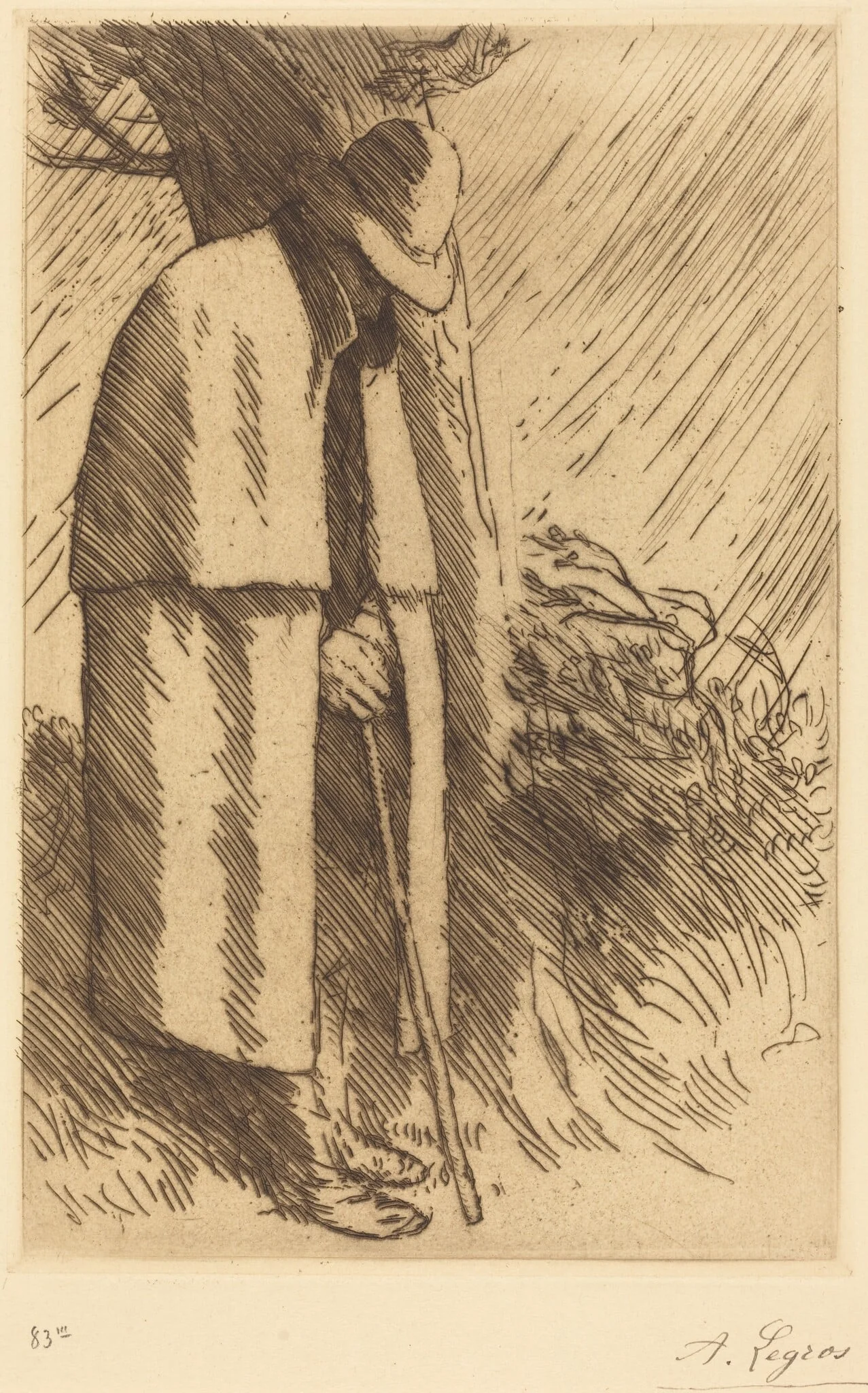 Traveler taking Shelter (Le voyageur a l'abri), by Alphonse Legros, ink, 1874