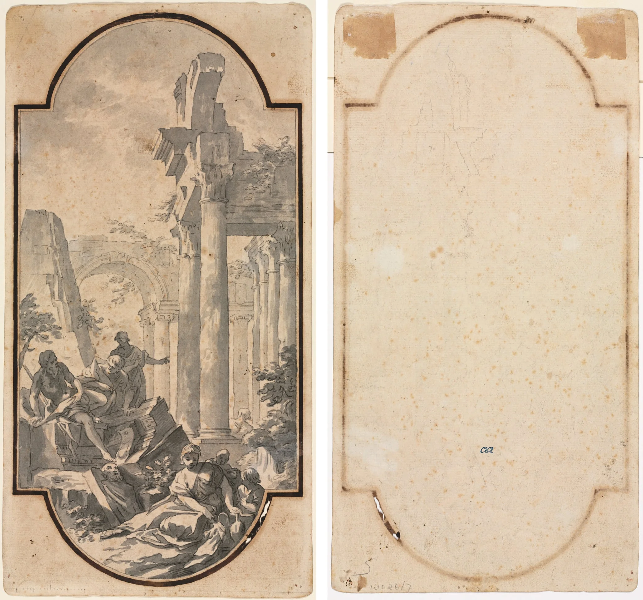 Figures Near the Ruins of a Corinthian Temple (recto); Fragment of an Arch (tracing from recto) (verso), by Andrea Locatelli, 1704