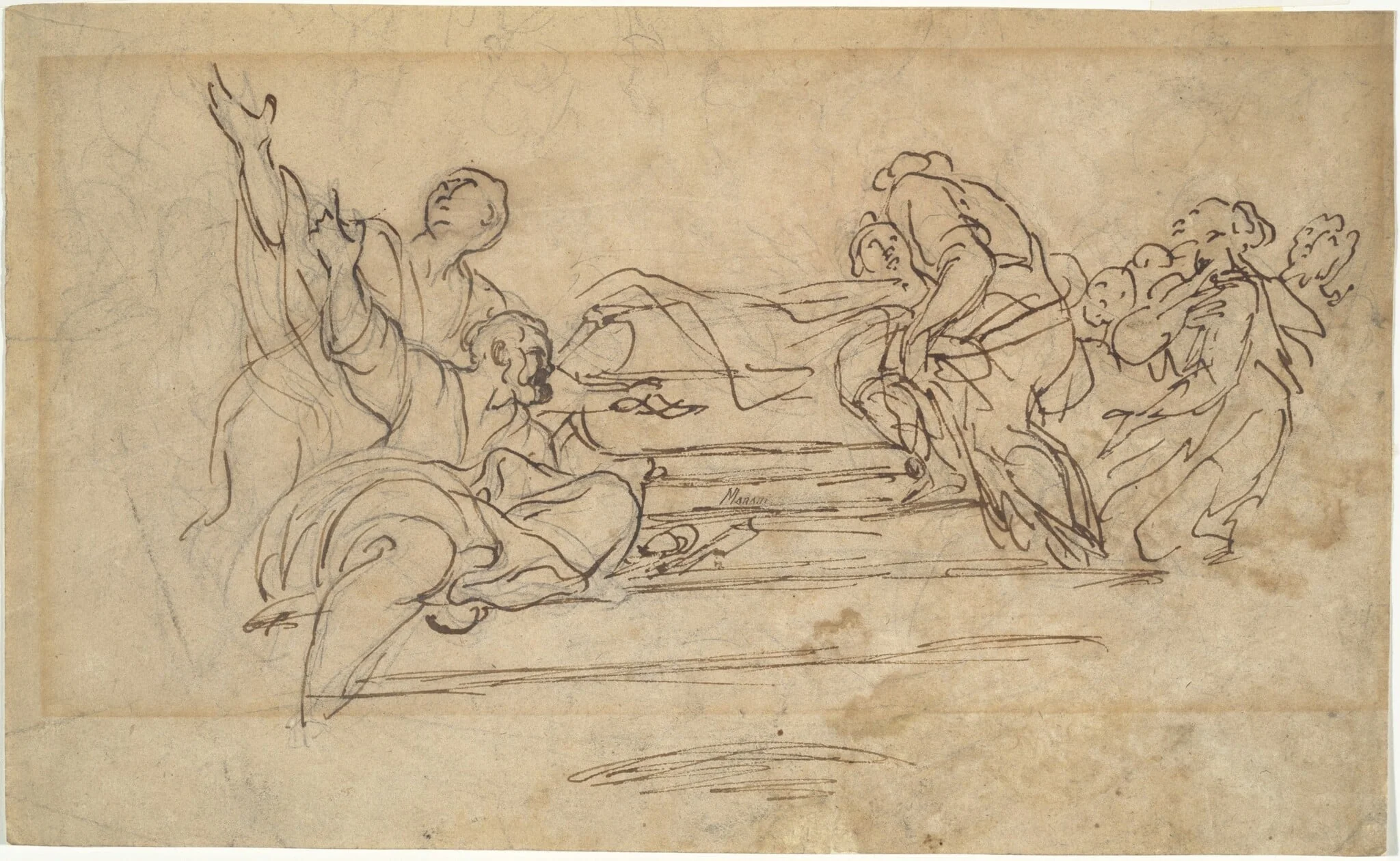 Figures on Steps (Studies for an Assumption of the Virgin), by Carlo Maratta, ink, 1601