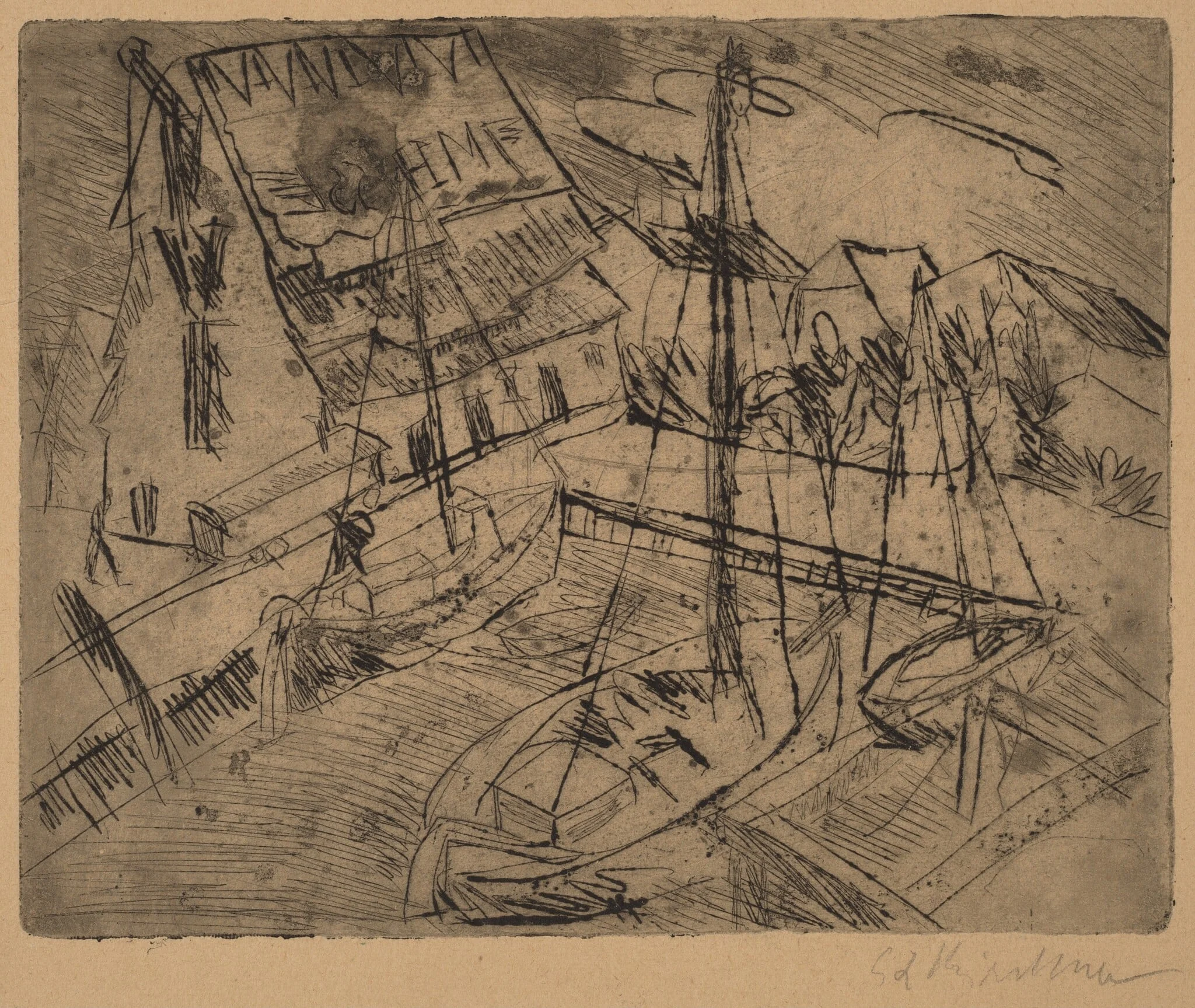 Harbor at Burgstaaken, by Ernst Ludwig Kirchner, ink, 1913