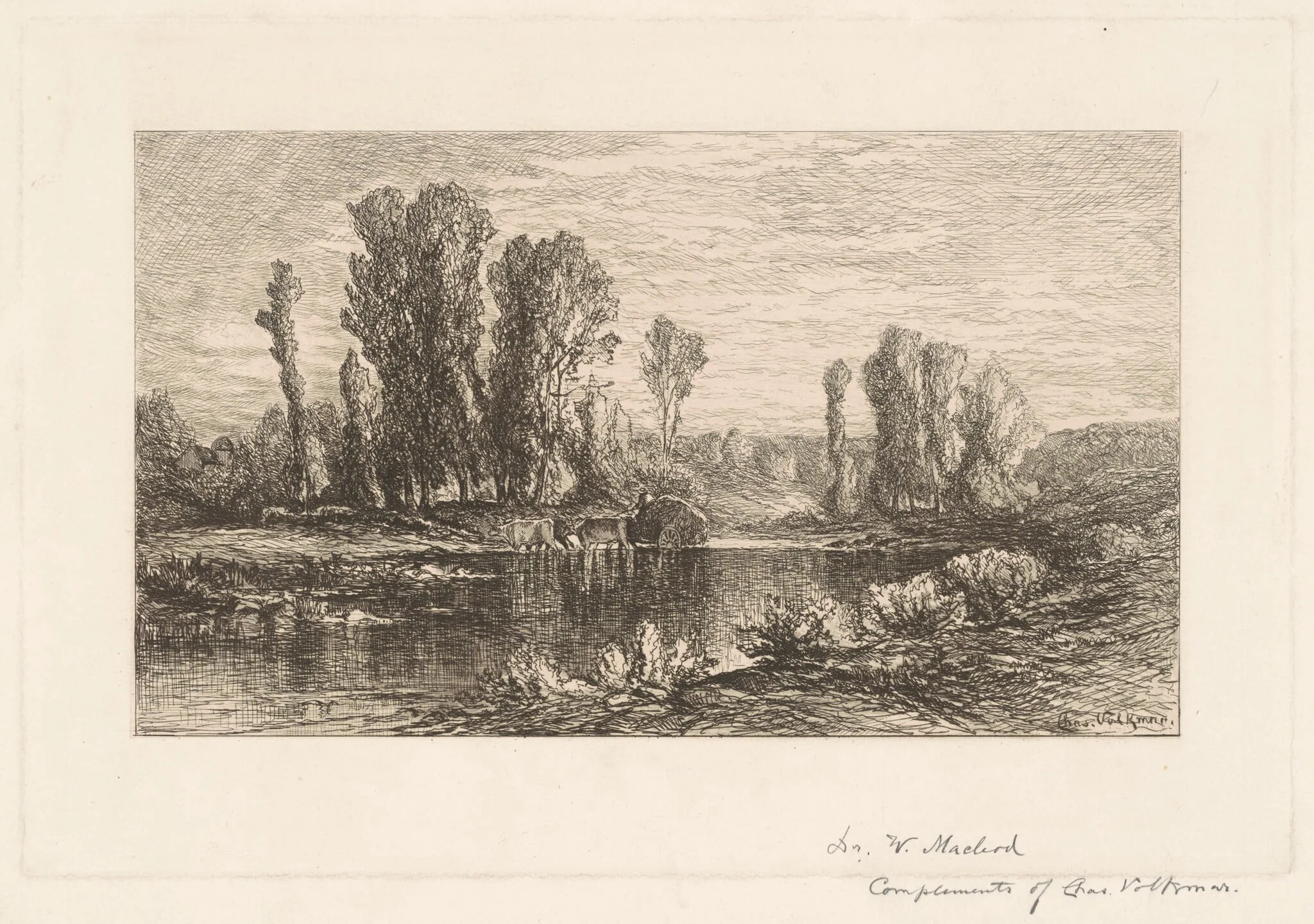 Landscape with Hay Wagon, by Charles Volkmar, ink, 1875