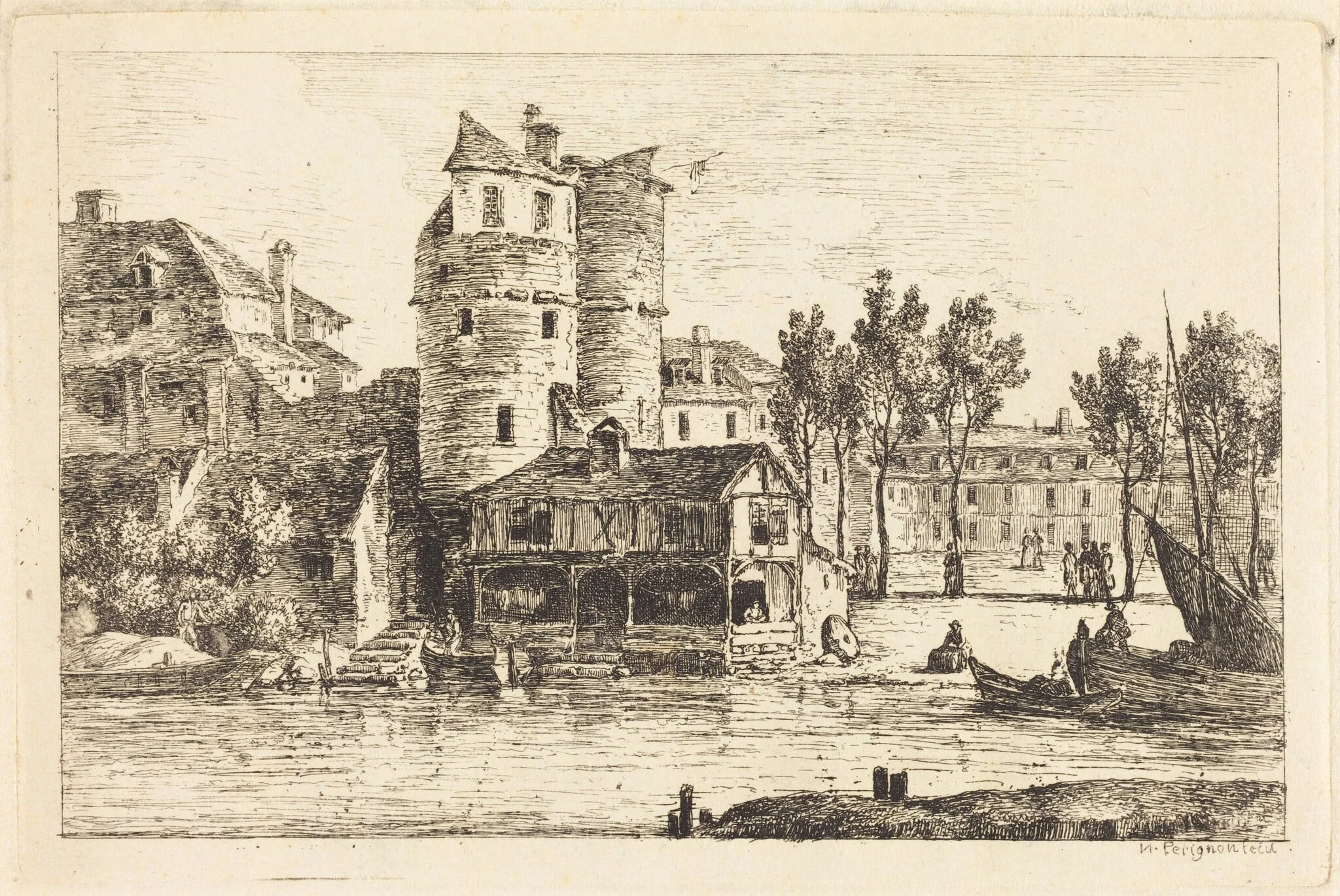 Town on a River Bank with Two Round Towers, by Nicolas Pérignon, ink, 1770