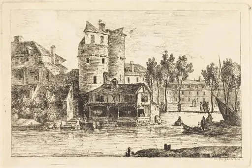 Town on a River Bank with Two Round Towers